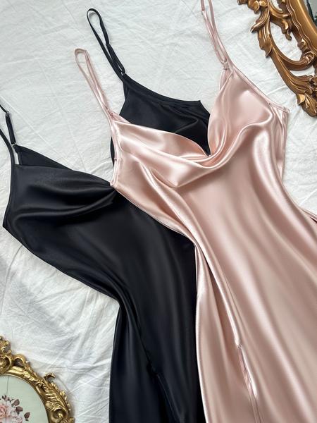 Elegant Backless Cami Nightdress Set, High Split Design, Faux Silk Fabric, All-Season Wear, Women's Sleepwear Collection