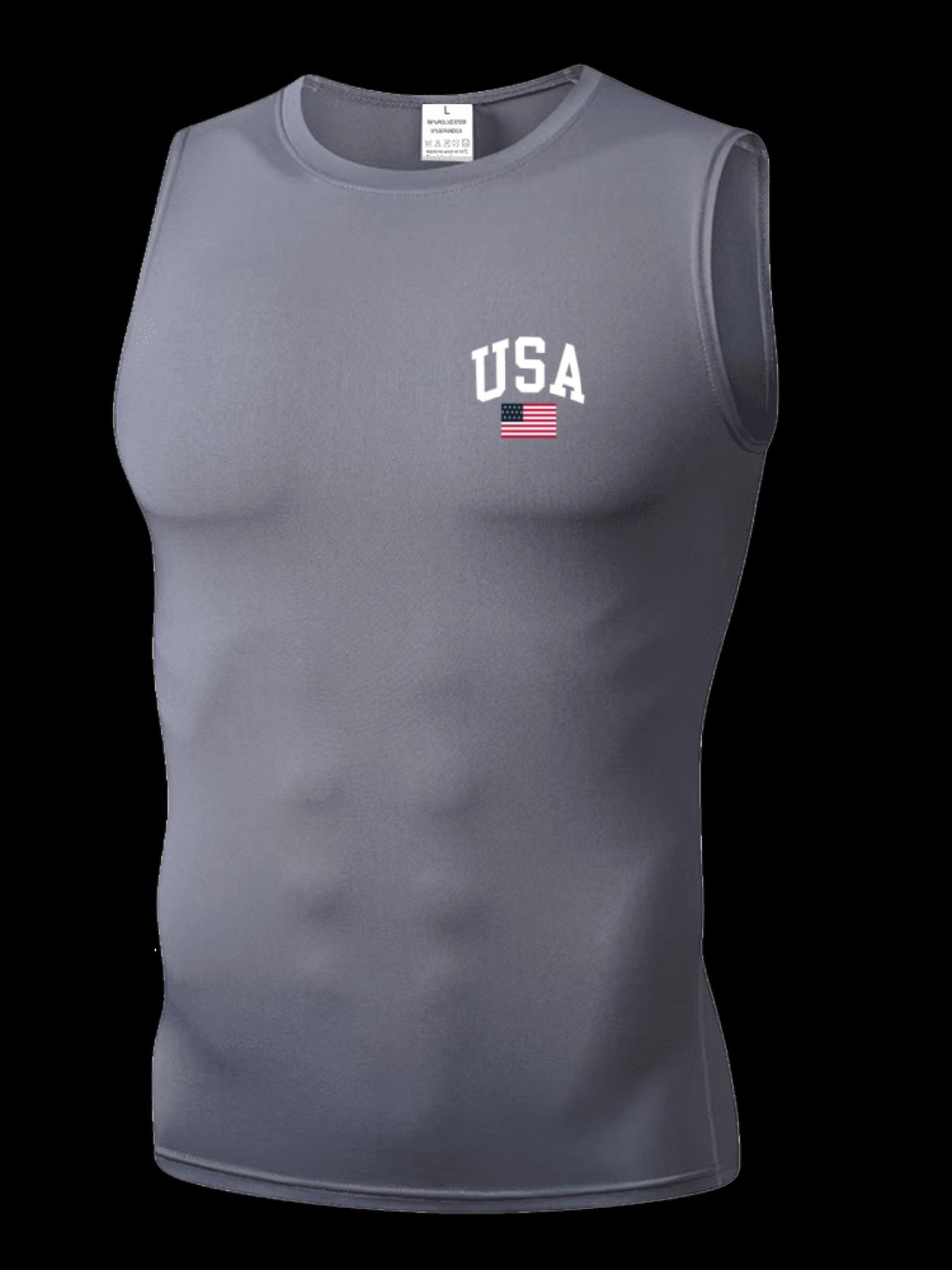 Men's Short Sleeve Sporty Slim-Fit Knitted Fabric, Usa Pattern Print, Breathable Moisture-Wicking, High Elasticity, Lightweight Design