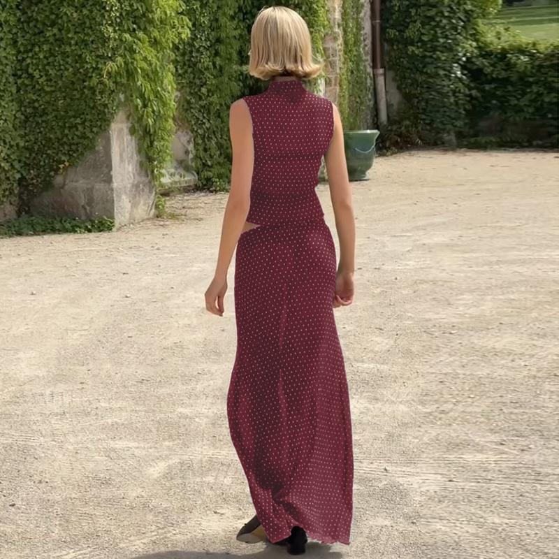 Women Summer Sleeveless Tank Top Long Skirt Polka Dot Mesh Two Piece Set Outfit