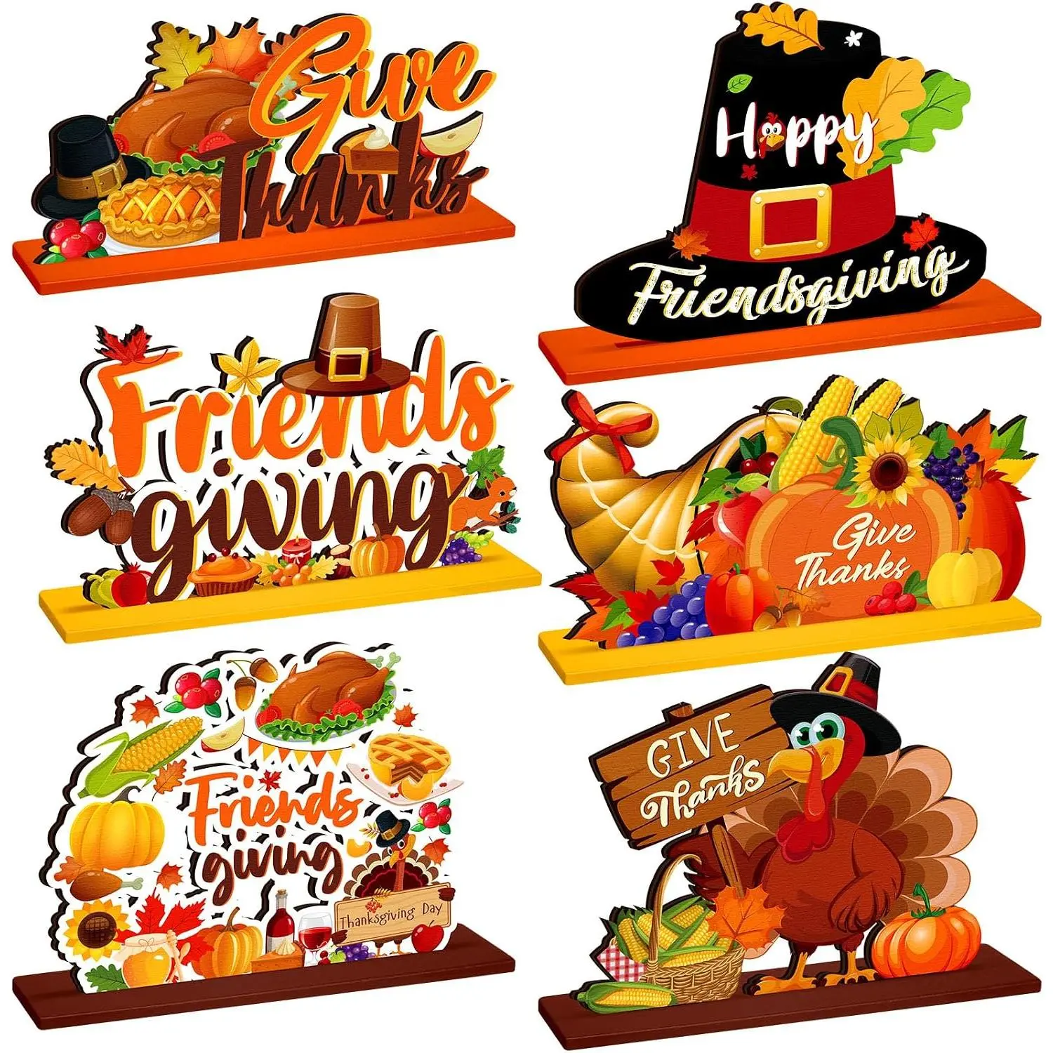 Yuntau 6-Piece Wooden Friendsgiving Table Decorations, Thanksgiving Pumpkin Turkey Centerpieces for Fall Home Harvest Party Supplies, Ornament, 7.09" Wide