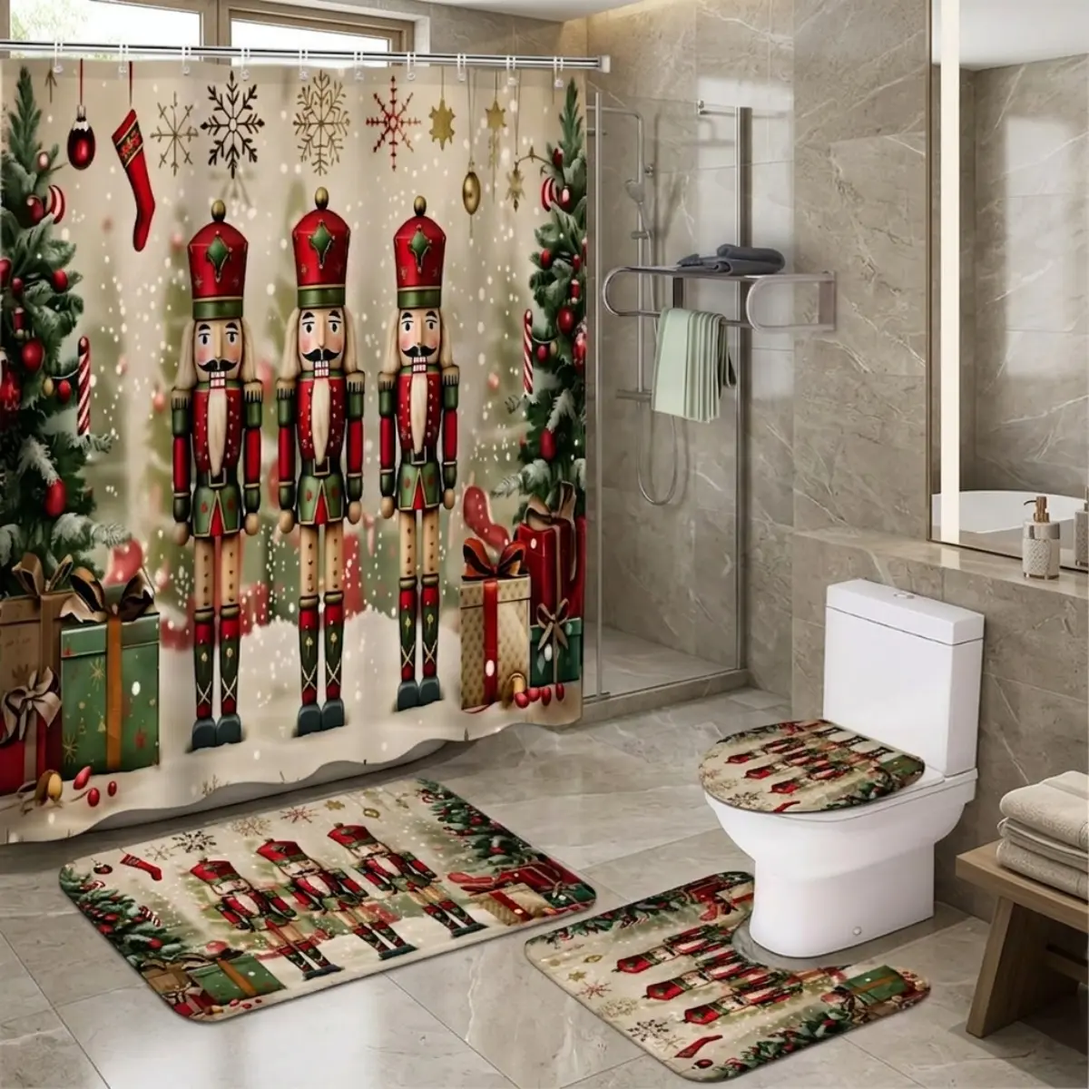 4pcs Christmas Nutcracker Soldiers Shower Curtain Set, Holiday Winter Wonderland Snowflake Bells Baubles Gift Boxes Bathroom Decor, TikTok Trending Festive Style
