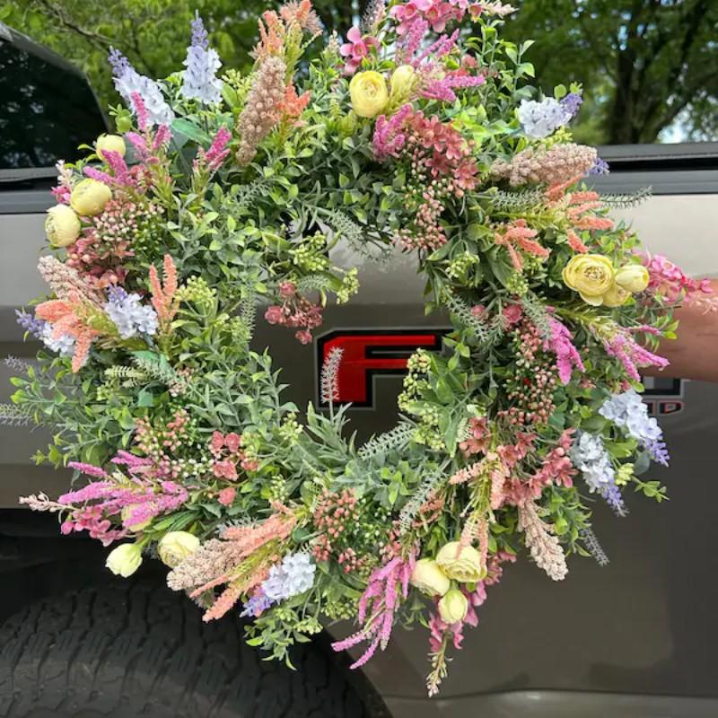 Wildflower Lavender Wreath, Farmhouse Summer Grass Door Decor, All-Season Mother's Day Gift, Spring Wreath, Year-Round Housewarming Present