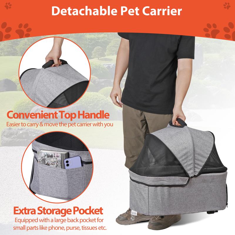 Pet Republic 4 Wheels 3-in-1 Foldable Pet Dog Stroller W/Detachable Carrier for Small Dog Cat W/Storage Basket & Cup Holder, Gray