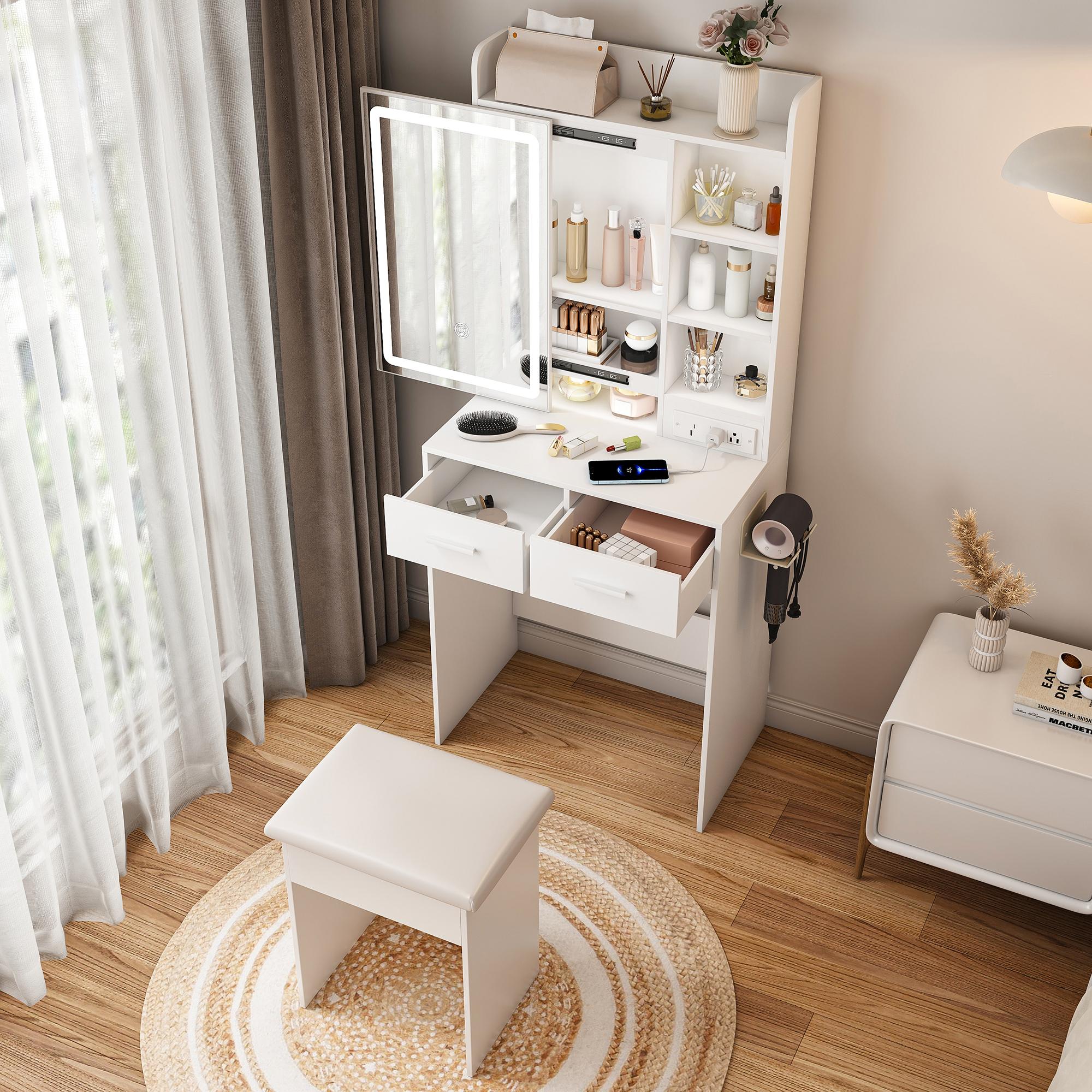 Small Vanity Desk with Mirror and Lights, Makeup Vanity Table with Power Outlet & 2 Drawers & 6 Shelves & Stool,Dressing Table Set for Bedroom, Brightness Adjustable, White