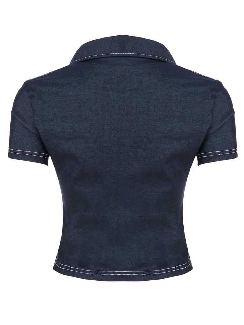 Women's Denim-effect Print Shirt, Casual Short Sleeve Top for Daily Wear, Ladies Clothes for All Seasons