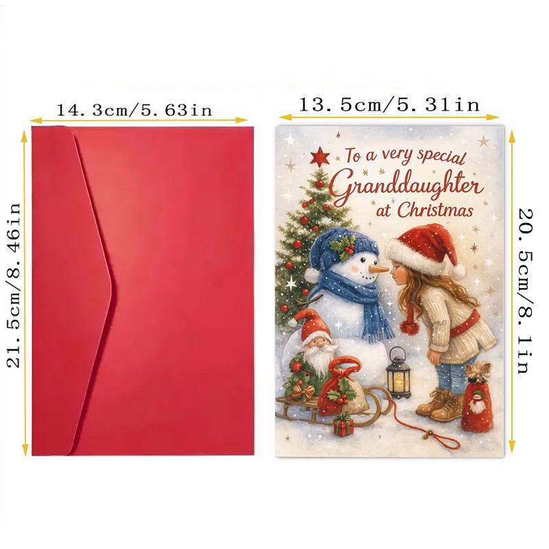 1pc Fun Christmas Card For Granddaughter With Envelope, Snowman And Granddaughter, Heartwarming Winter Scene With Snowflakes, Expressing Love And Joy In Christmas,  Perfect Grandparents Gift For Christmas, New Year, Birthday