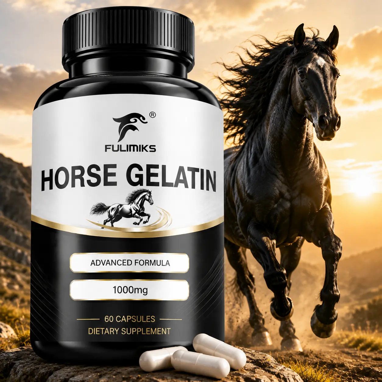 Fulimiks Horse Gelatin Advanced Formula, 1000mg Per Serving, Natural Botanical Complex, Easy-To-Swallow Vegetarian Capsules, Hydrolyzed Horse Gelatin Provides Easily Absorbable Amino Acids To Support Daily Wellness