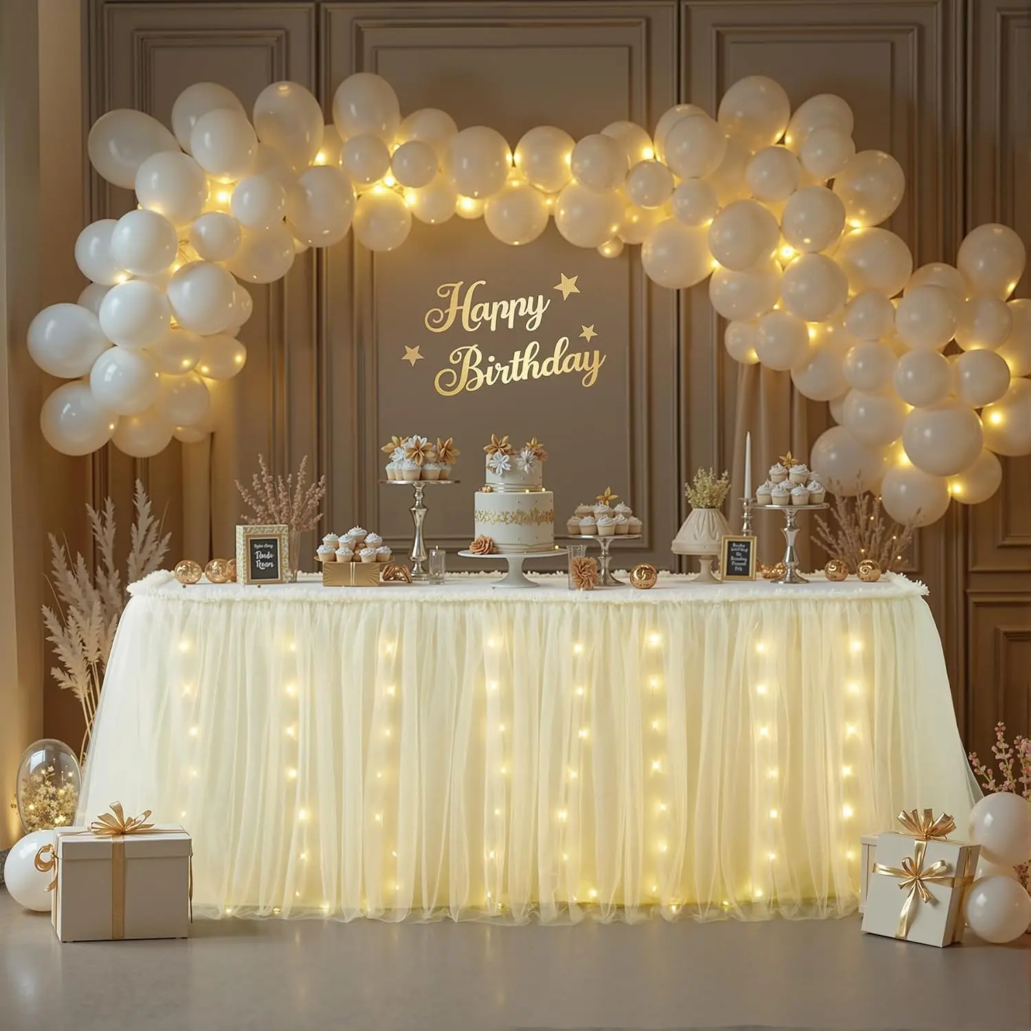6FT Champagne LED Tulle Table Skirt - 2-Layer Ruffled Edge Design for Rectangle/Round Tables - Birthday Party, Wedding Festive Decor Supplies