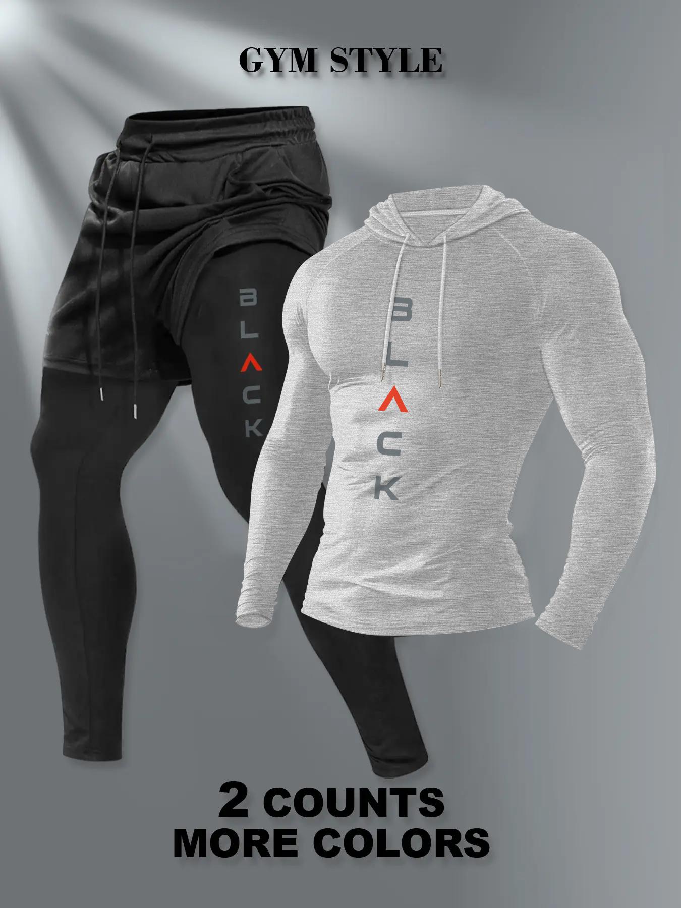 Men's Hooded Long Sleeve T-Shirt + Faux Two-Piece Pants Set, Stylish Casual Fall & Winter, Moderate Fabric, Fitted Style