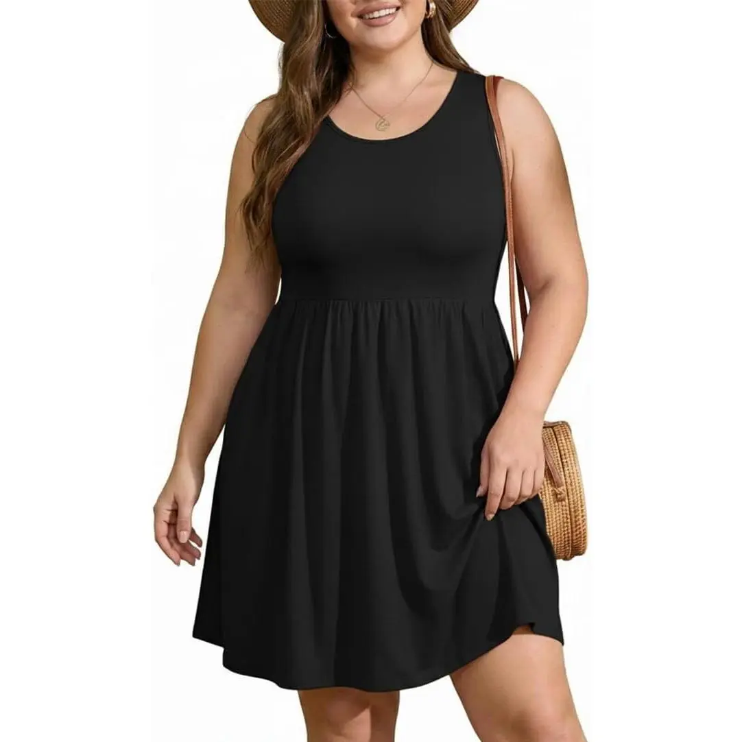 Womens Plus Size Summer Sundress A-Line Sleeveless Knee Length Empire Waist T-Shirt Dress with PocketsGift