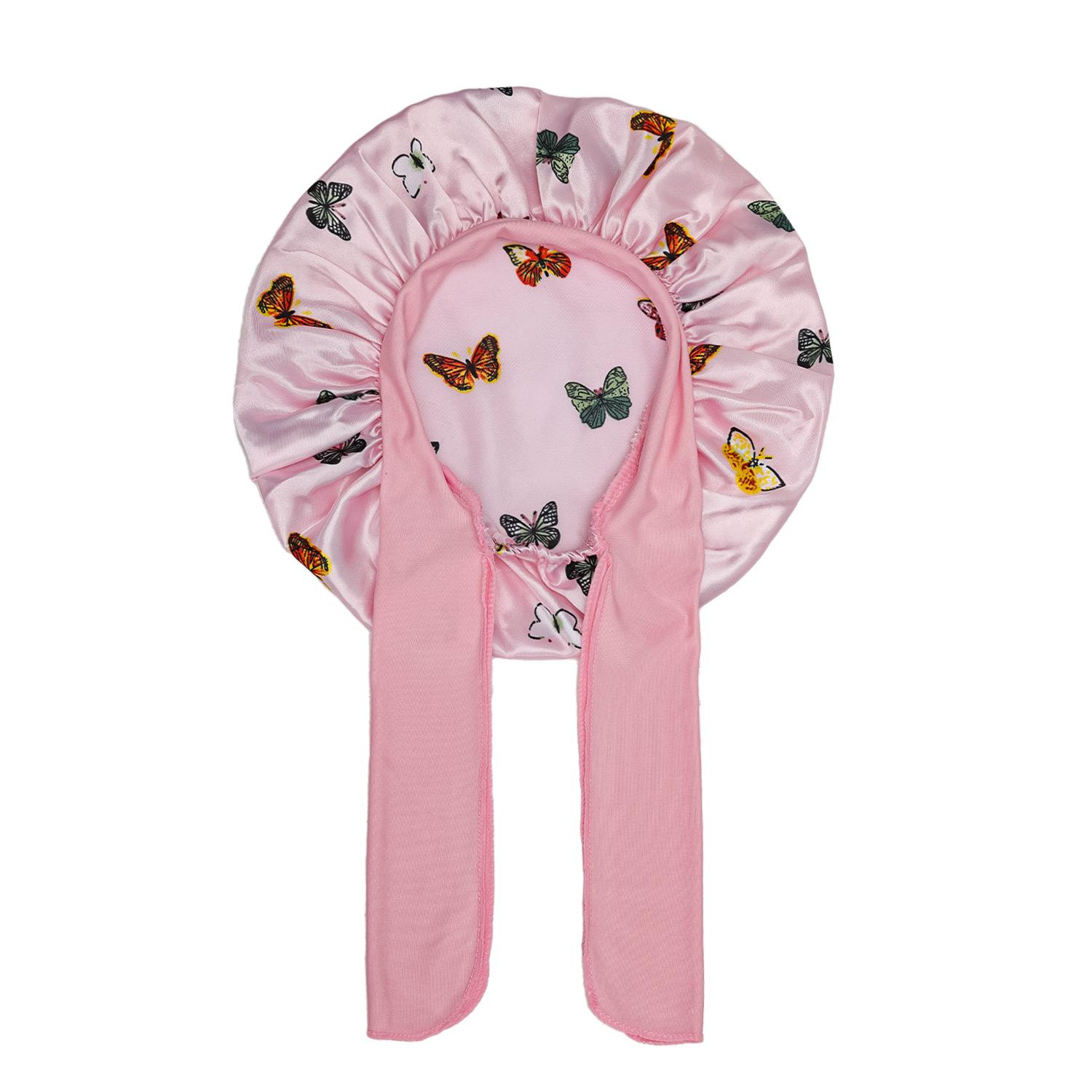 Kids Flower Printed Satin Sleep Bonnet with Wide Elastic Band & Ribbon, Soft Silk-like Sleeping Hair Cap for Boys Girls, Reusable Waterproof Shower Cap, Gentle Hair Protection Hat for Curly Natural Hair Care
