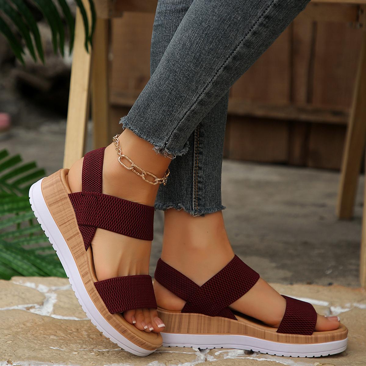 Minimalist Stretchy Strap Slingback Wedge Sandals, Layer Platform Everyday Summer Footwear for Women, Strappy Wedge Sandals