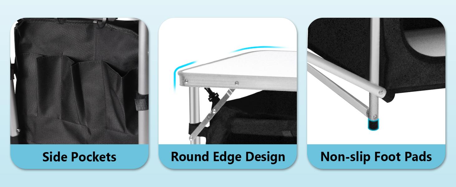 Slendor Camping Kitchen Table Foldable Camp Table with Windscreen 3 Storage Cupboards Multifunctional Portable for BBQ Party Picnics Outdoor Activities