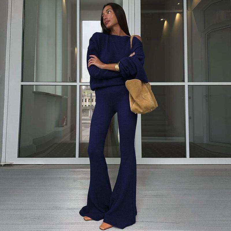 Women's Solid Asymmetrical Neck Top & Flare Leg Pants Set, Casual Drop Shoulder Long Sleeve Top & Trousers, Women's Fall & Winter Clothes for Everyday Wear, Casual Loungewear Set