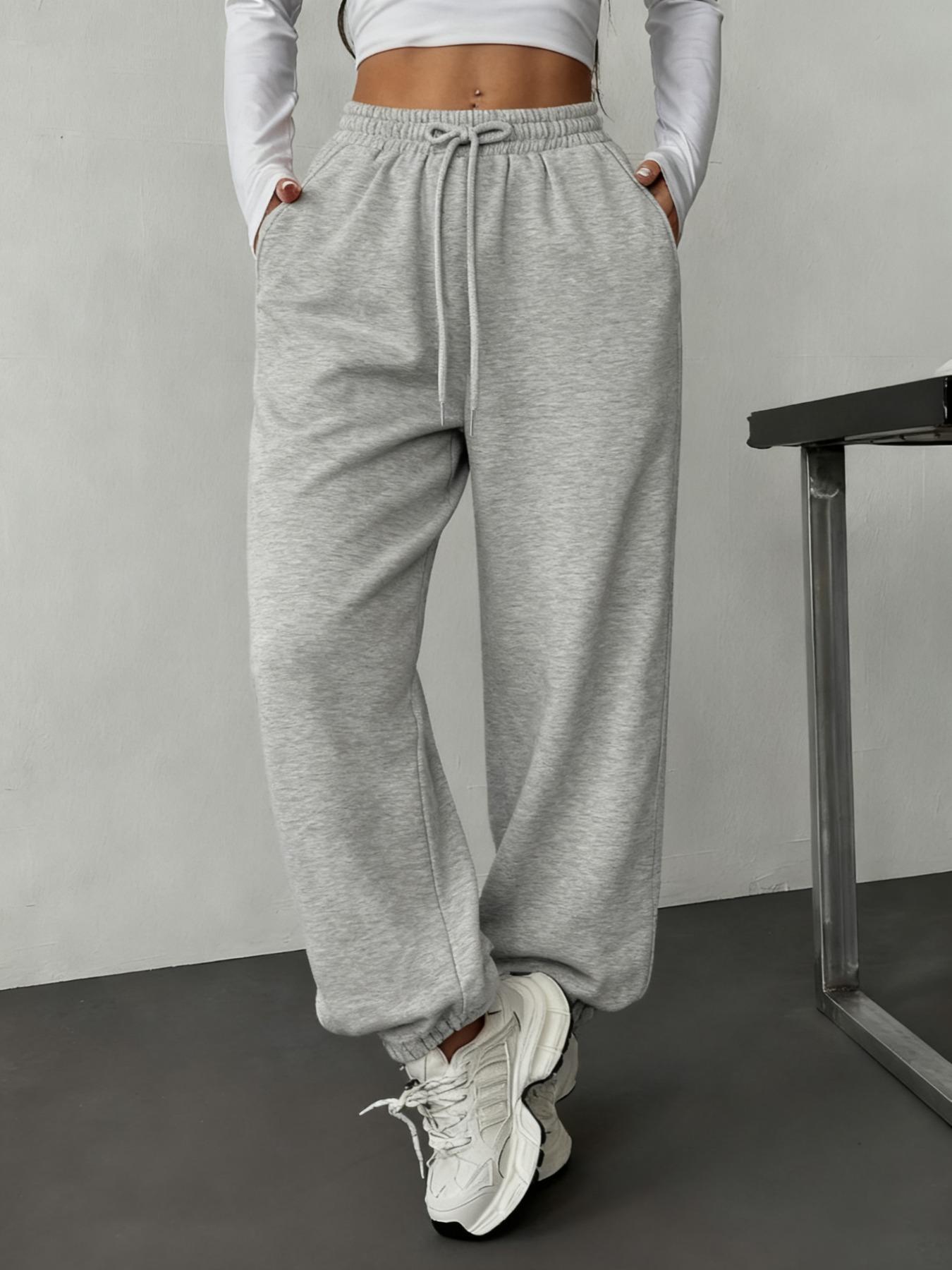 Women's Solid Drawstring Waist Thermal Lined Sweatpants, Casual Pocket Jogger Pants for Daily Wear, Ladies Bottoms for All Seasons