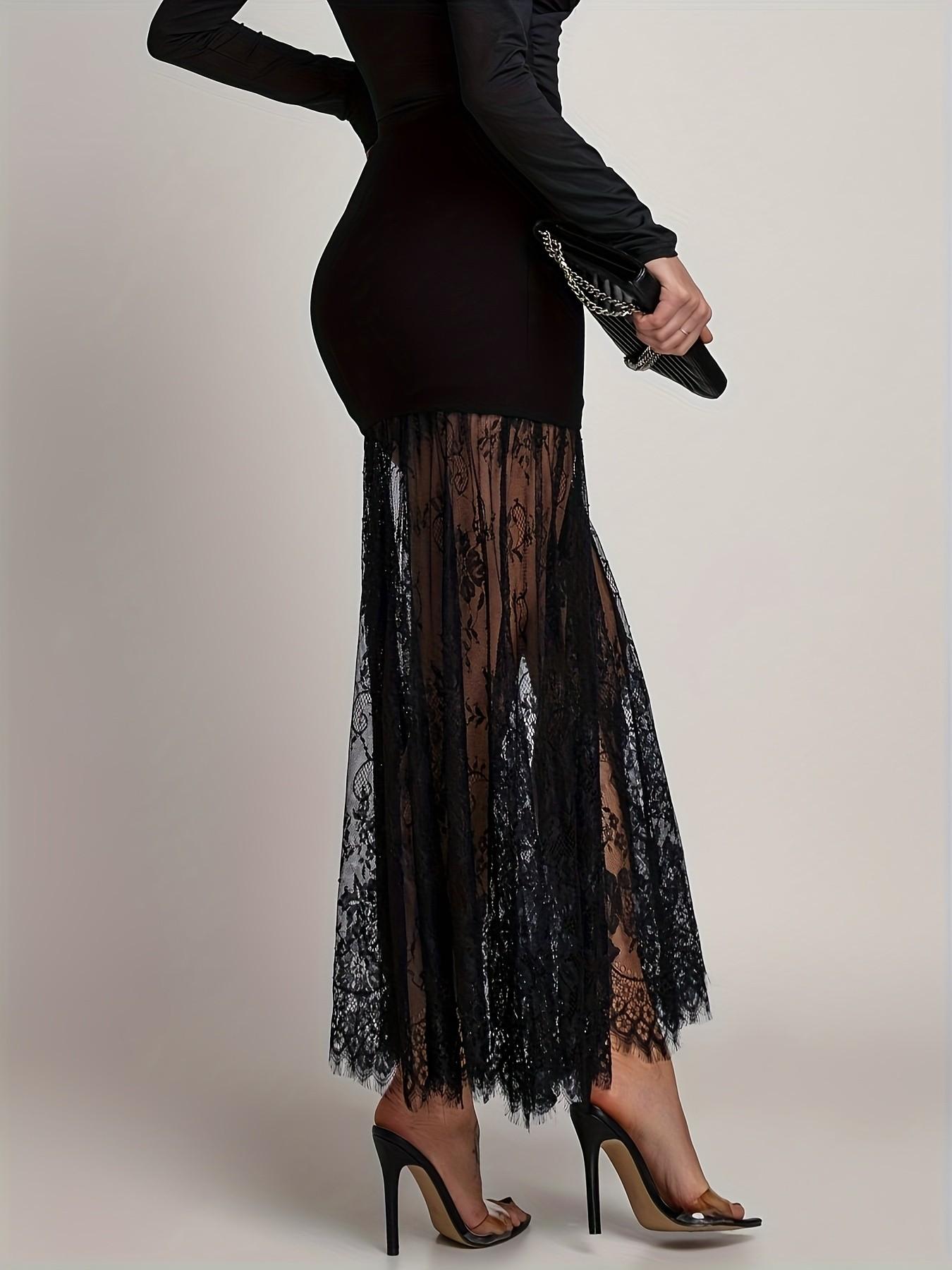 Elegant Women's High-Waisted Bodycon Skirt, Lace Trim with Pointed Edges, Flowy Fringe Design, Perfect for Parties and Events