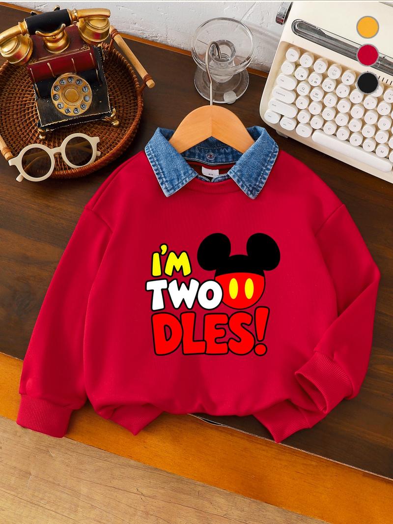 Mickey Two-Year-Old Cute Memorial Boys' Sweatshirt, Mickey Elements with 'i'm Two Dles!' Text, Casual Long Sleeve Fitted Style