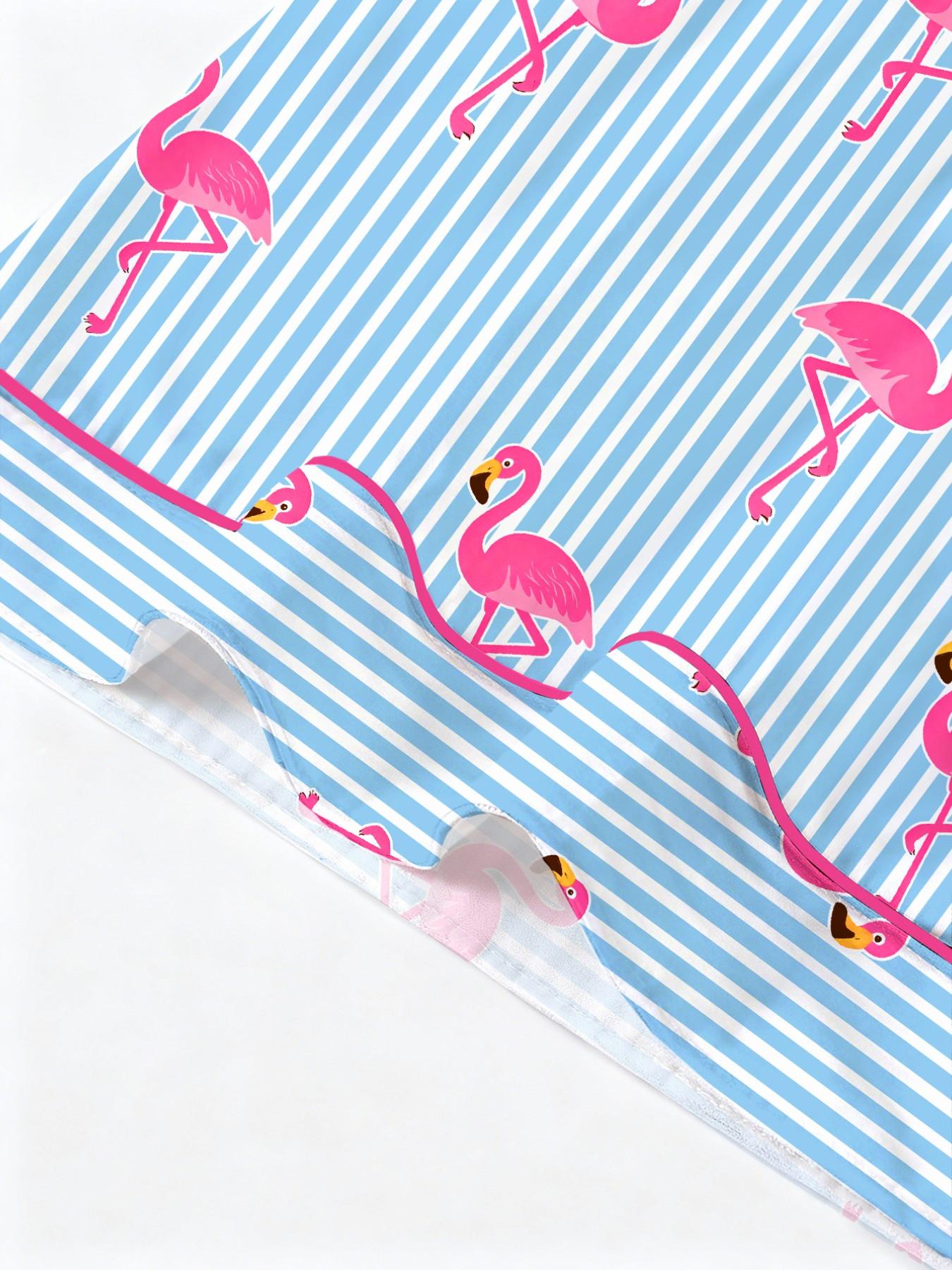 Women's Striped Flamingo Print Pajama Set Pjs, Short Sleeve Button-Up Top & Elastic Shorts, Casual Loungewear Outfit & Pajamas for Home Wear, All Seasons