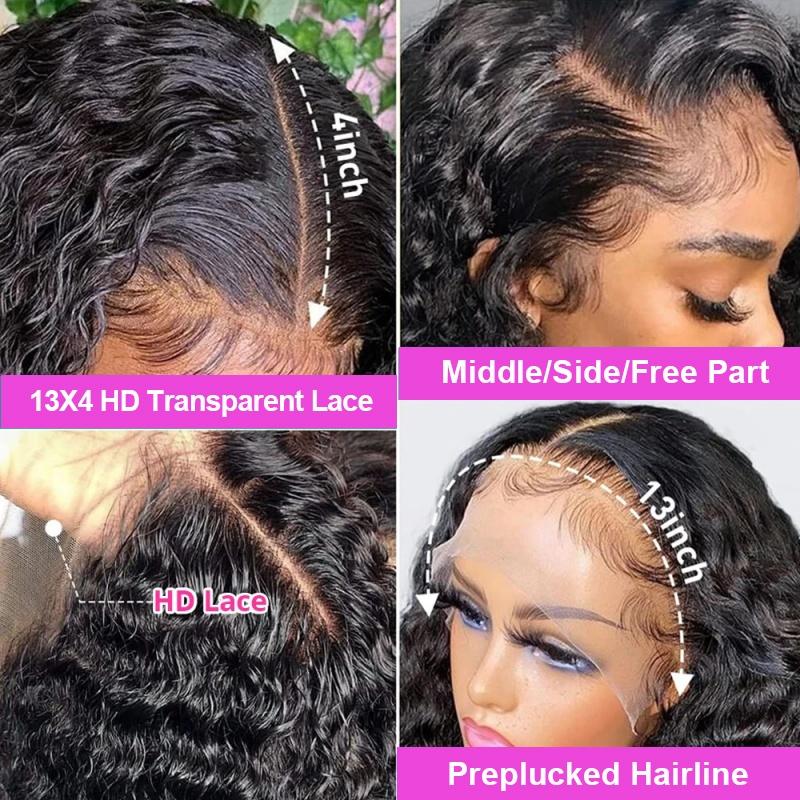 34Inch 200% Density Deep Wave Lace Front Wigs Human Hair 13x4 HD Lace Front Wigs Blended Hair Jerry Curly Glueless Lace Wigs Pre Plcked 13x6 Deep Part Curly Lace Frontal Wig For Women With Baby Hair Wet And Wavy Wig Natural Black Color