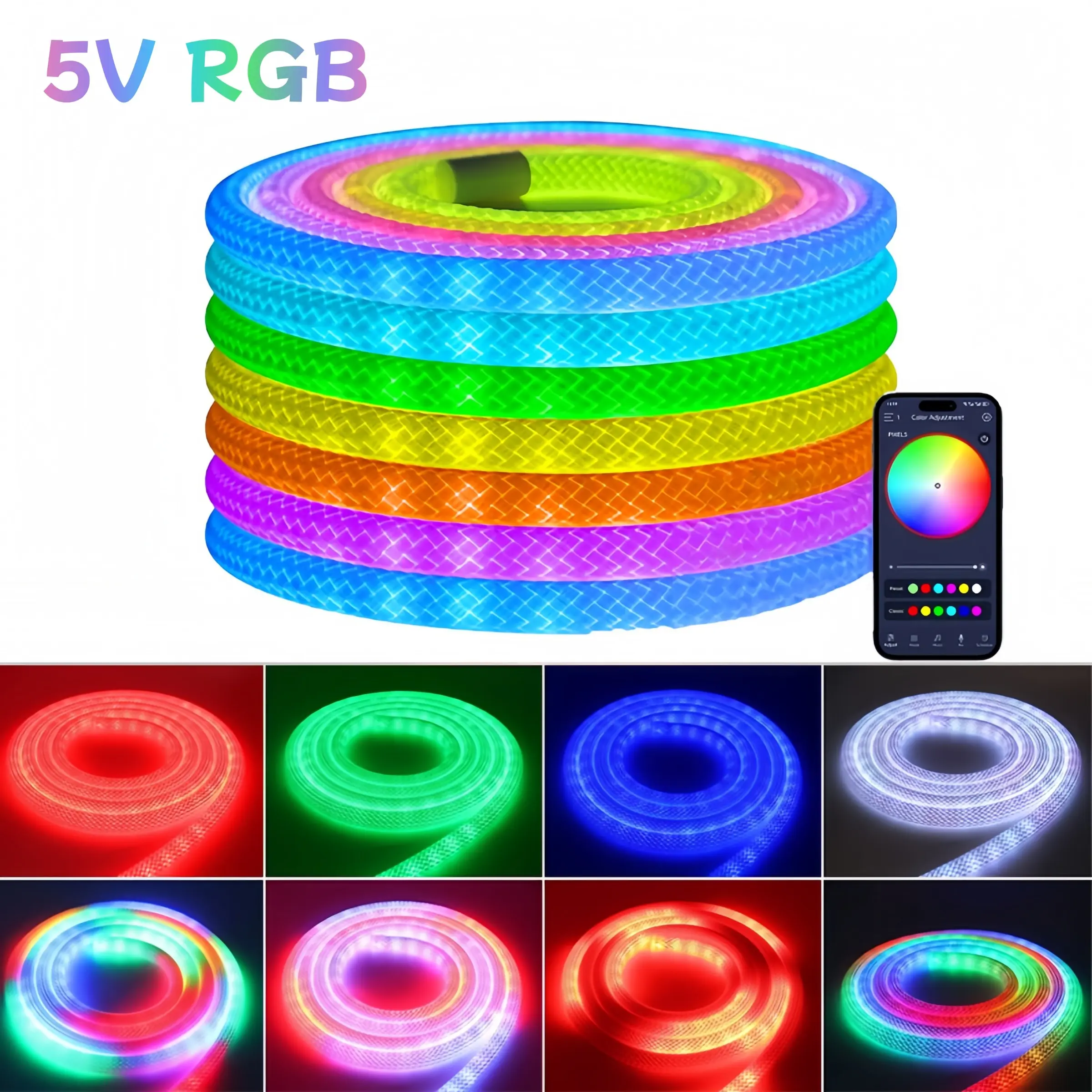 360 Degree LED Rope Light, Strip Light, Waterproof Music Sync, APP Control, USB Powered, Flexible Lighting for Indoor/outdoor Decor
