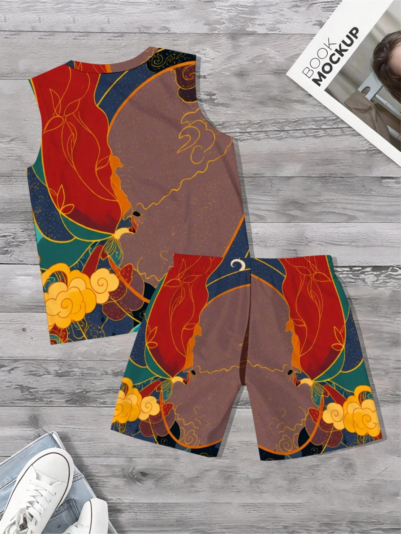 Men's Sleeveless Set Ethnic Phoenix Graphic Print Summer Casual Set