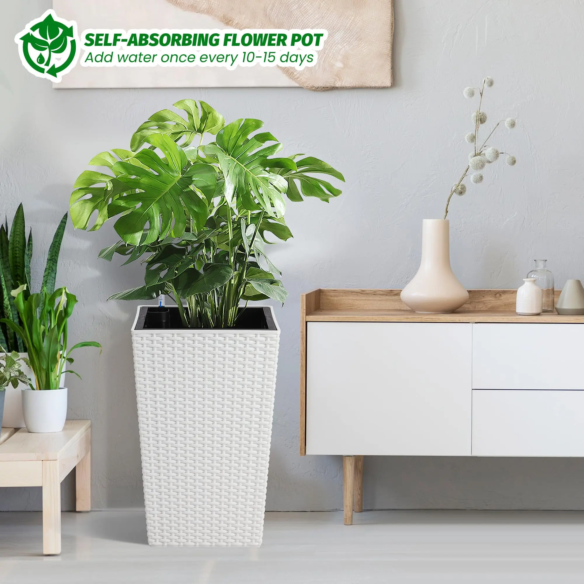 4PC Self-Watering Rattan Planters,Flower Pots with Water Level Gauge, Water-Saving Garden Containers