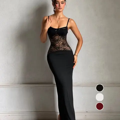 Women's Solid Color Lace Spaghetti Strap Bodycon Dress, Sexy Fitted Fashion Dress for Party, Club and Dating Wear, Summer Clothing, Club Dresses