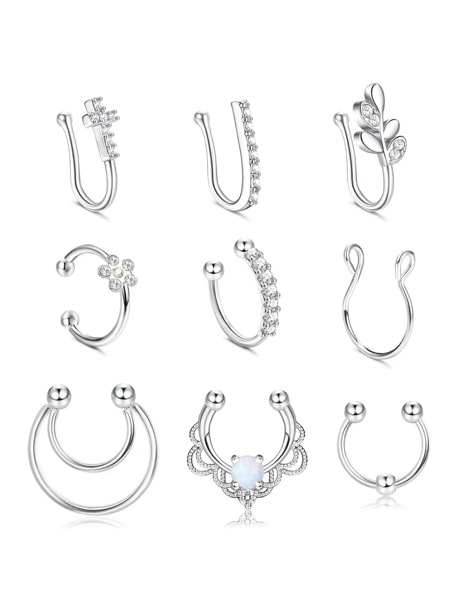 9 Pcs Diverse Non-Piercing Clip-on Septum Cuffs Smooth Polished Stainless Steel Nose Jewelry for Unisex Fake Nose Ring Collection Distinct Styles Elastic U-shaped Clip Structure Mixed Elegant Minimalist Vintage Styles Ideal Decorative Body Jewelry Set