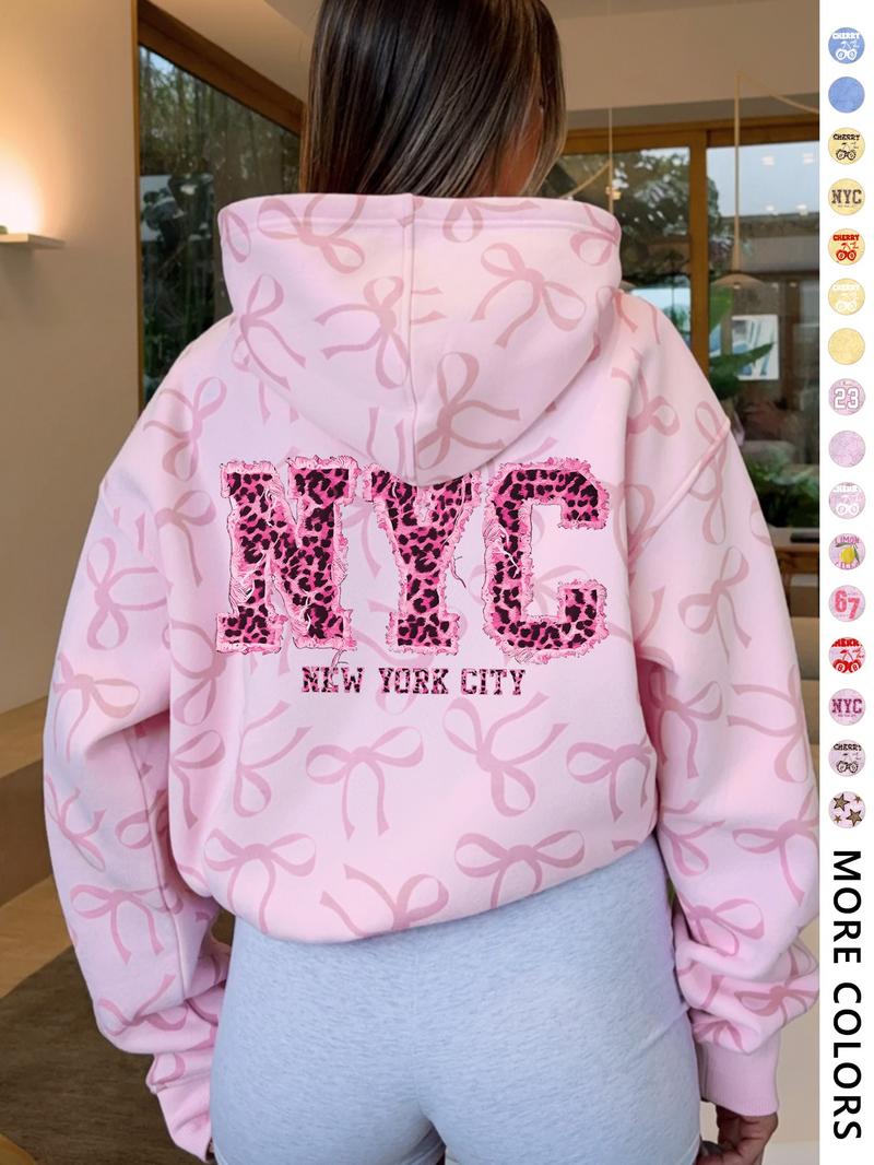 Women's Hooded Sweatshirt with Bow Print, Long Sleeve Fitted Casual Top, Spring & Fall Fashion, Perfect Gift for Valentine's Day Women's Hooded Sweatshirt with Bow Print, Long Sleeve Fitted Casual Top, Spring & Fall Fashion, Perfect Gift for Valentine's Day