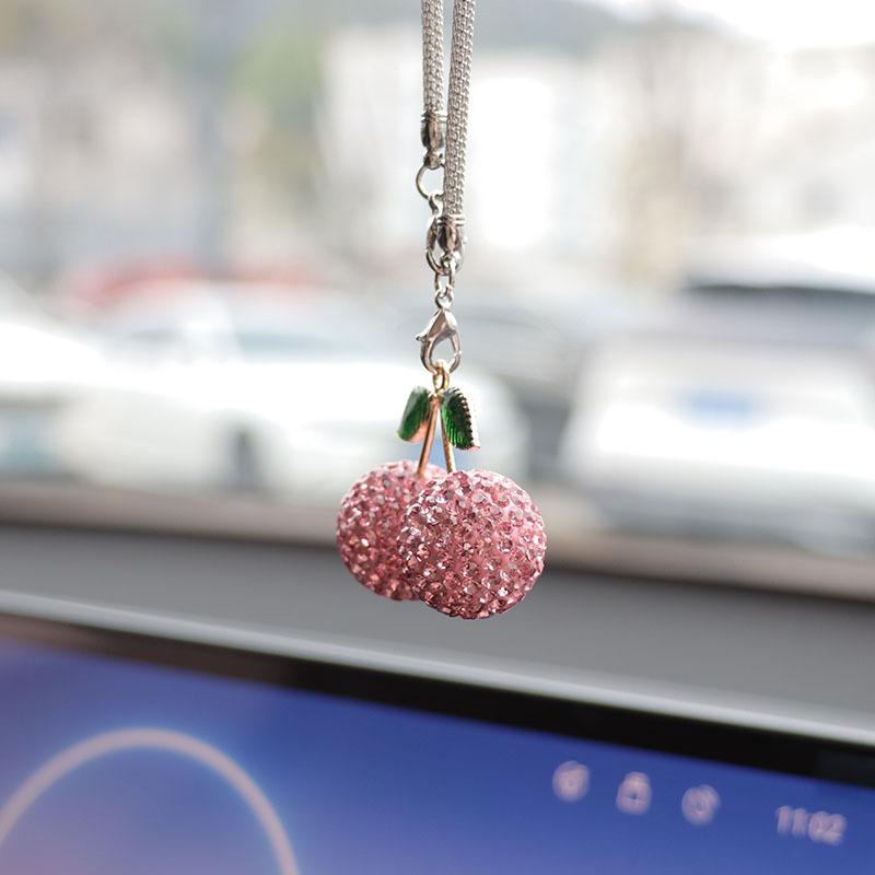 Bling Rhinestone Strawberry Cherry Car Hanging Ornament Sparkling Crystal Fruit Rearview Mirror Charm Aesthetic Car Interior Decor Accessories for Women Girls