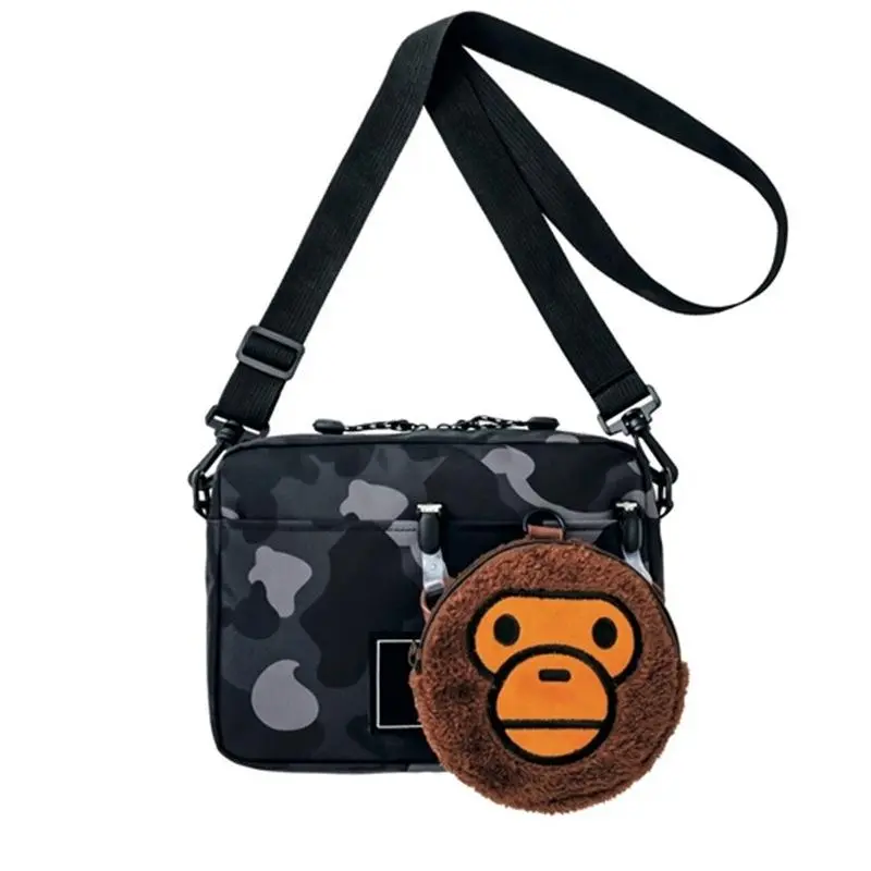 Camouflage Crossbody Bag With Detachable Monkey Plush Toy Bag Hip Hop Streetwear Shoulder Bag Multifunctional Messenger Bag For Men Women