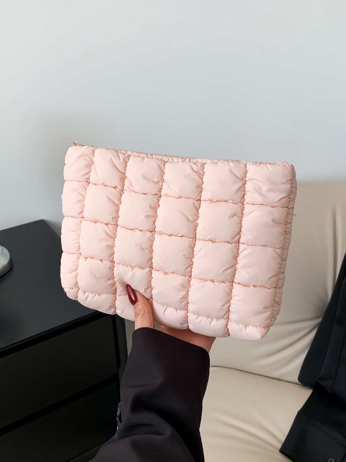 Ladies' fashion quilted plaid convenient makeup bag, casual solid color pleated design lightweight large-capacity storage bag, Makeup Organizer Pouch, Cosmetic Pouch