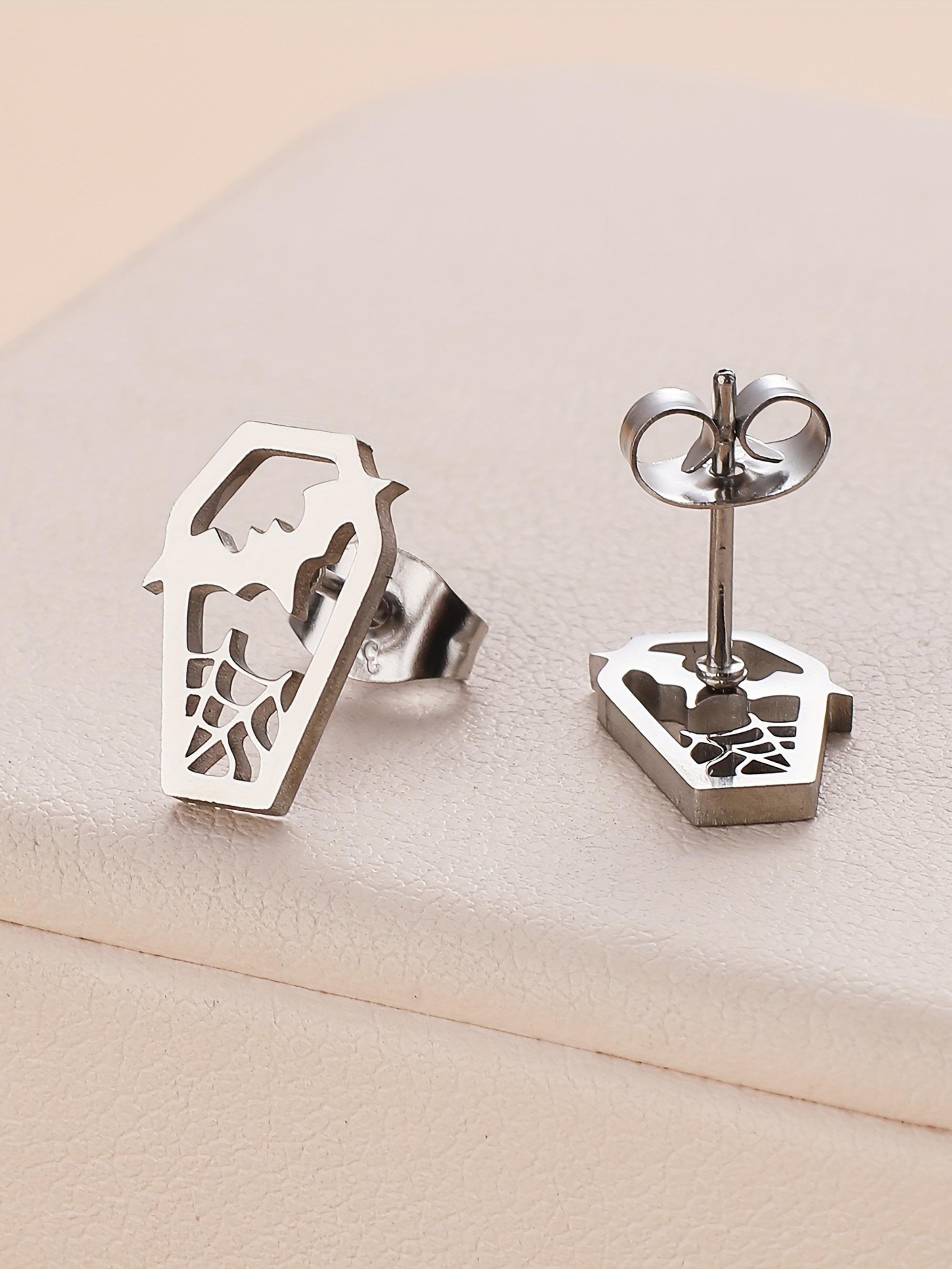 Unisex Silver Stainless Steel Gothic Bat-Coffin Stud Earrings - Witchy Spooky Jewelry, 1 Size, Lightweight Hypoallergenic, Fashionable Jewelry Accessories, Coffin Shape Halloween Fashion Accessory