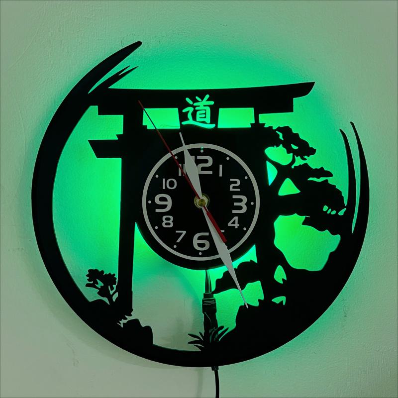 Art Deco Japanese Bonsai Tree Torii Gate Vinyl Record Wall Clock 7 Color LED Lights Indoor Outdoor Elegant Decor (Battery Not Included)