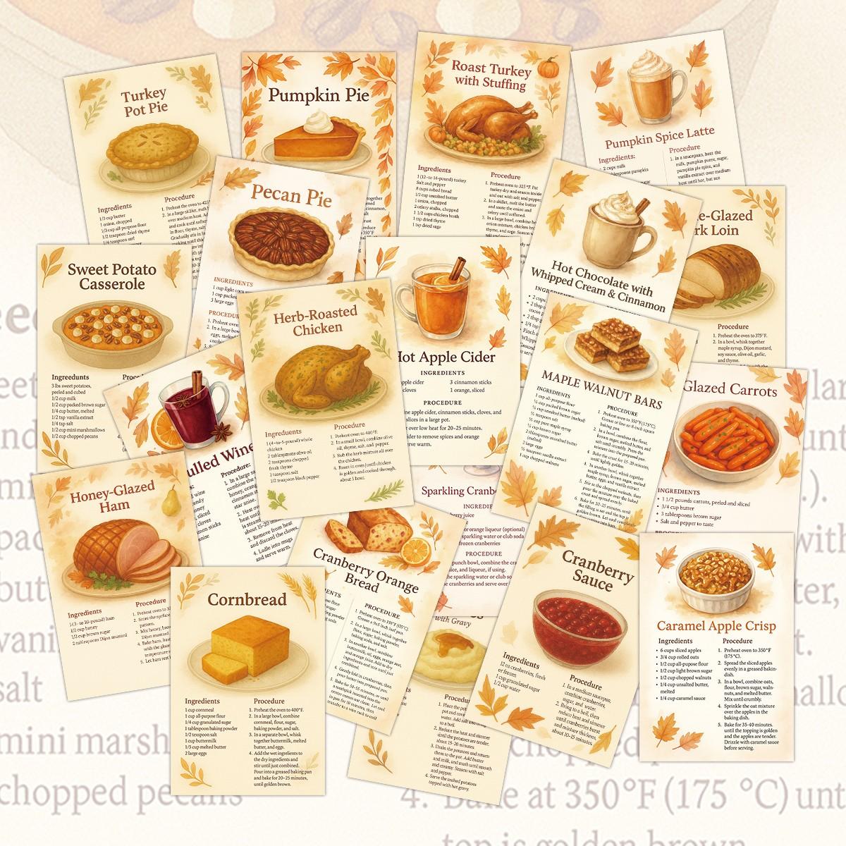20 Holiday Recipe Cards, Fall Harvest Thanksgiving Recipes, Complete Ingredients and Steps Guide, Beginner Baking Reference, Kitchen Wall Decor, Gift for Bakers