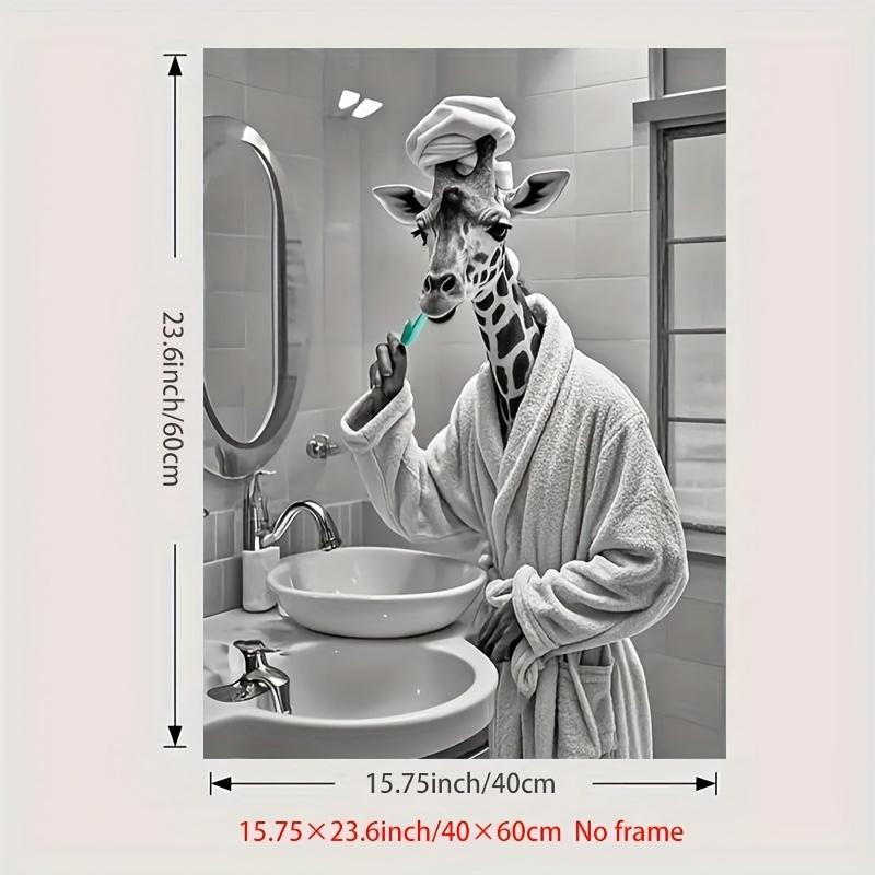 Wearing Robe Giraffe Brushing Teeth Canvas Print - 40.01x 59.94cm , HD Waterproof Wall Art, Frameless Modern Decoration, Suitable for Bathroom, Bedroom, Living Room or Office, Unique Gift Idea, Animal Art Print, Giraffe Poster, Canvas Artwork, Office Artw