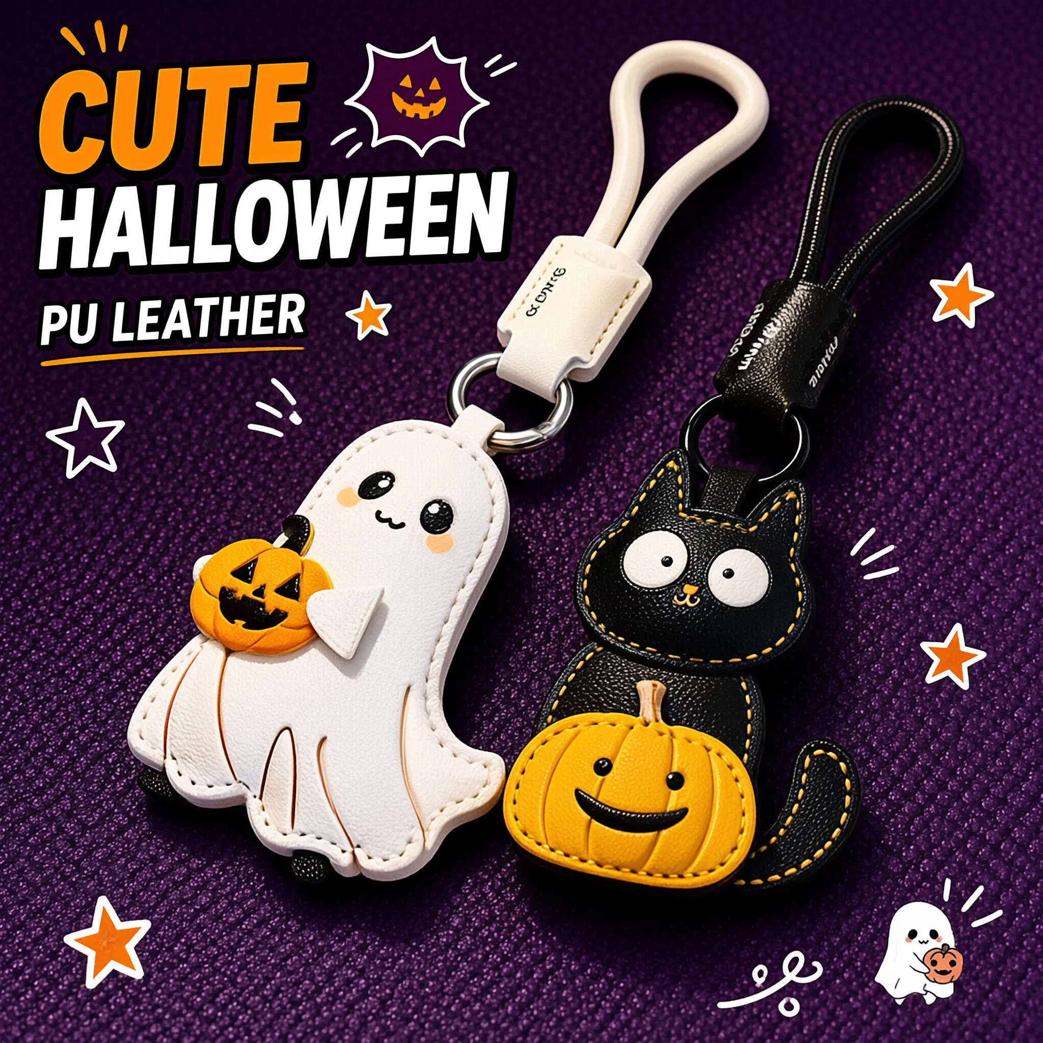 PU Leather Halloween Couple Keychain Set, Cute Ghost And Black Cat Bag Charm With Pumpkin Accent, Metal Key Ring With Wrist Strap, Soft Stitched Seasonal Accessory For Handbags, Backpacks, Matching Couple Decor And Holiday Party Favors,SohoChic