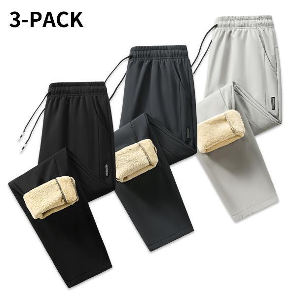 Men’s 3-pack windproof fleece-lined winter long pants with elastic drawstring waist and multiple pockets, casual warm straight-leg trousers