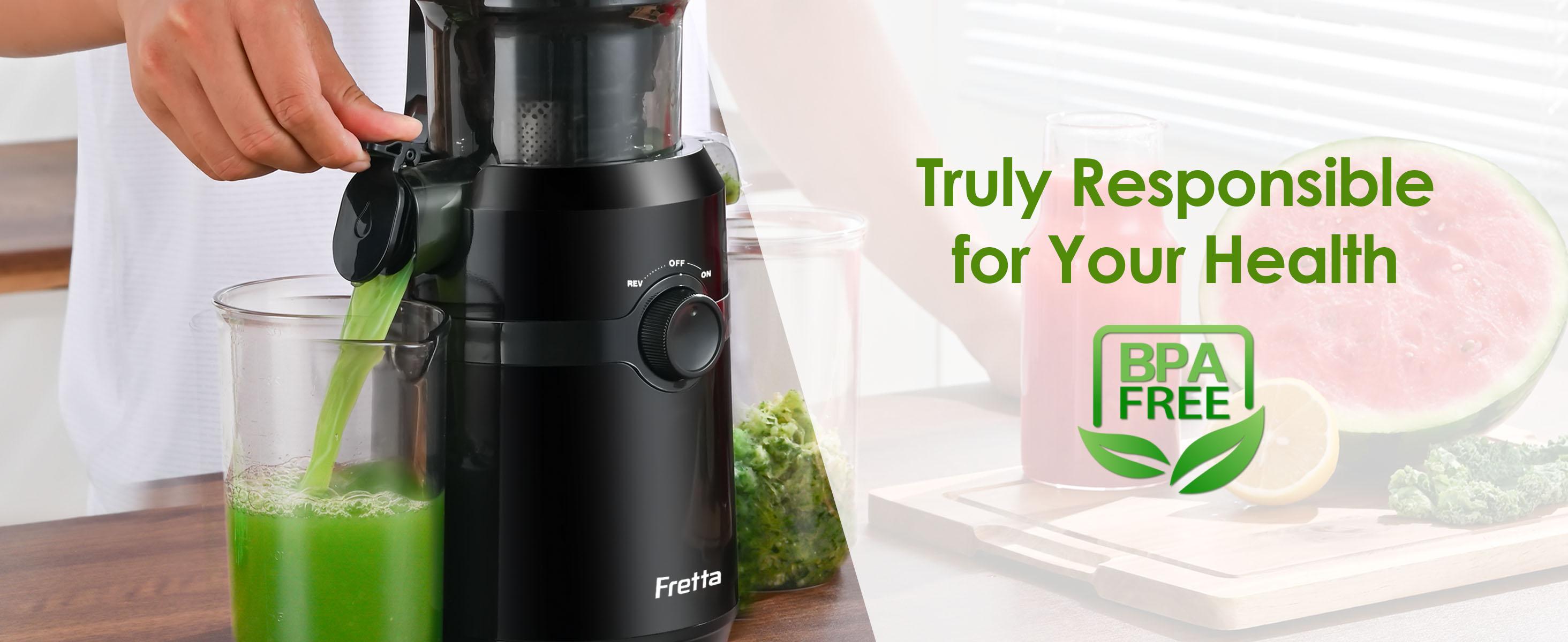 Fretta Cold Press Juicer Machine, 4.25" Large Feed Chute, Compact Juicer Machines for Fruits & Vegetables, Sleek Design Personal Size Tritan BPA-Free