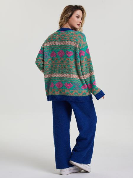 Two-picec  Women's Vintage Style Home Set, Knit Cardigan & Deep Blue Wide-Leg Pants, Pop Art Pattern, Thick Fabric, Fall Winter Boho Loose Fit