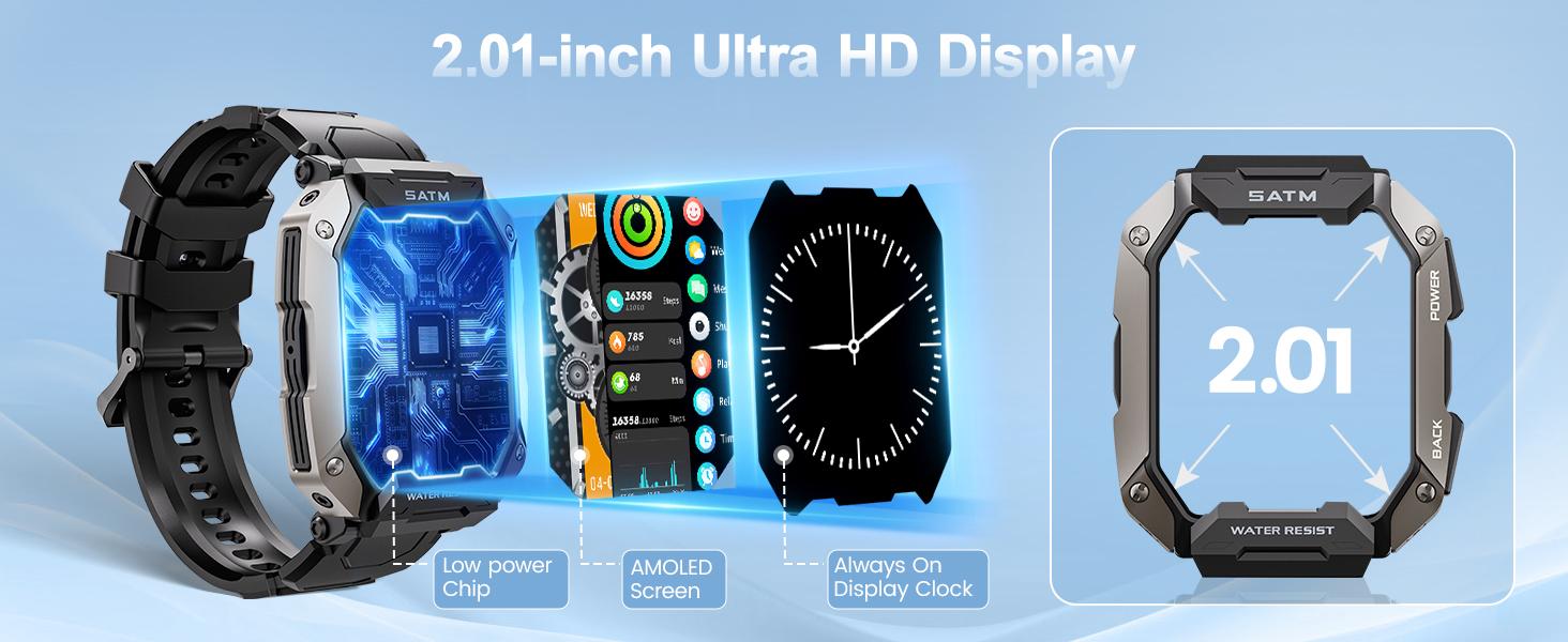 Smart Watches for Men - 2.01'' HD Display, 80 Days Long Battery, IP68 Waterproof, Bluetooth Call, 100 Sport Modes Fitness Tracker Watch, Heart Rate/Blood Oxygen/Sleep Monitor Smart Watch for Android-BY