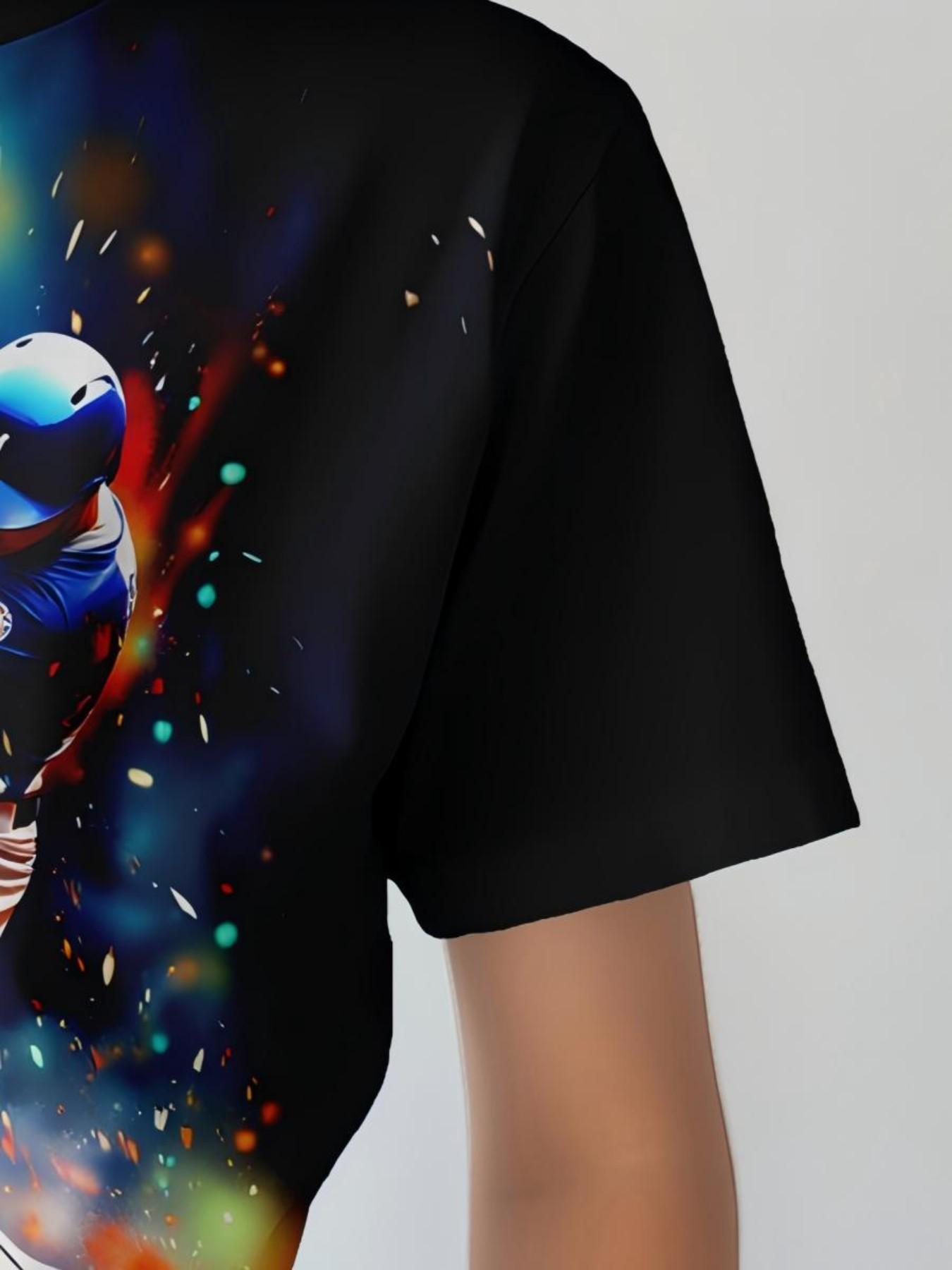 Boy Baseball Player Pattern T-Shirt, Kids Epic Game Day Print, Cool Sports Style Casual Summer Short Sleeve Top, Teenager Wear