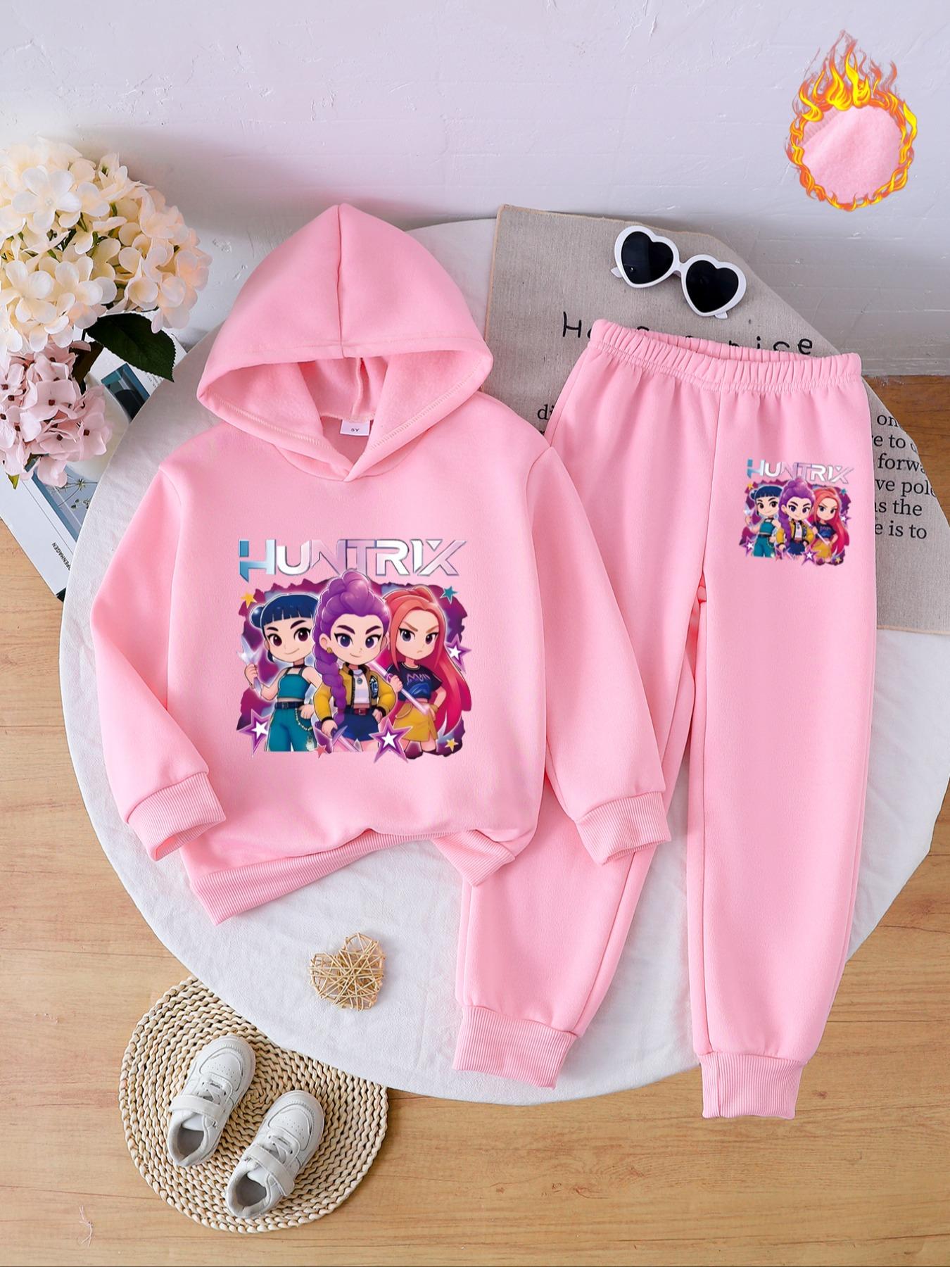 Girls' Witch Hunter Corps Warm Hoodie & Joggers Set, Cozy Fleece Lined Outfit For Fall & Winter, Cute Clothing Set