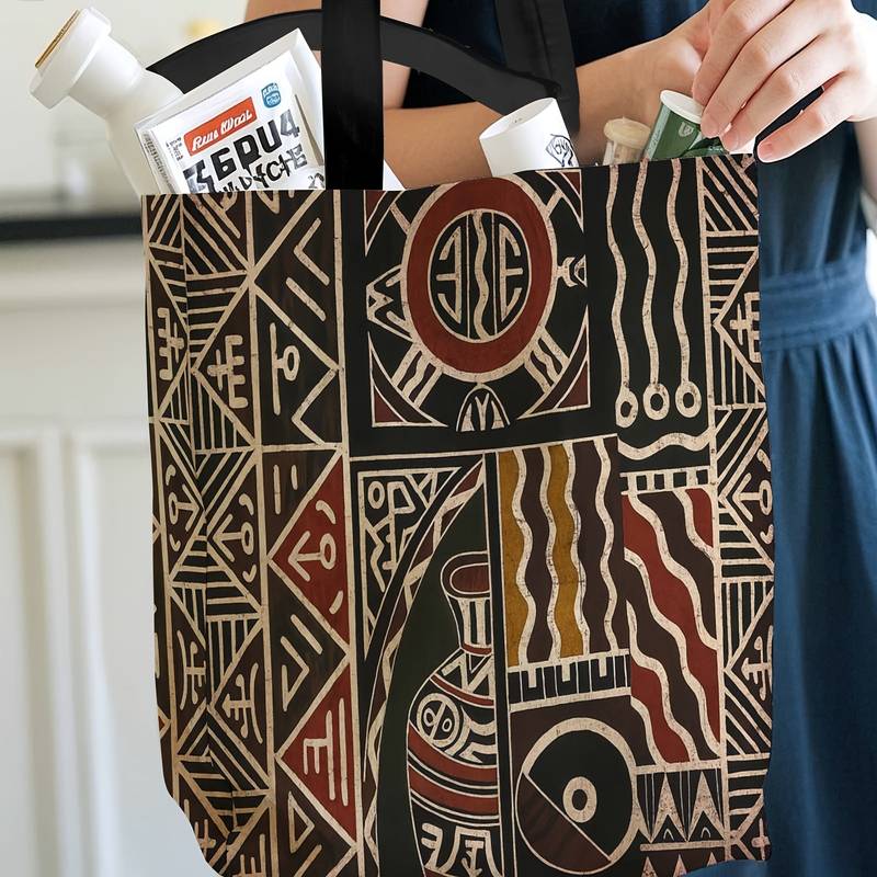 Vintage African Art Geometric Pattern Canvas Bag, Teen Shopping Bag, Durable, Suitable for Daily Use and Beach, Spacious Design, Classic Style