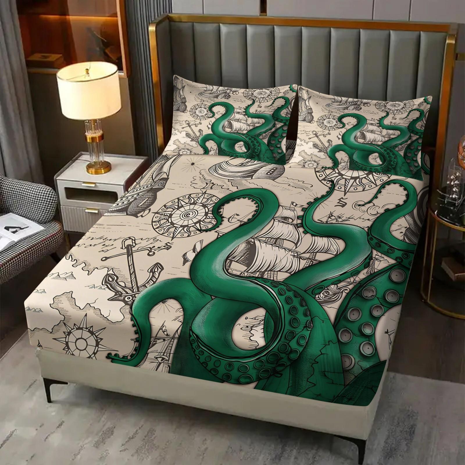 3PCS Vintage Octopus Nautical Fitted Sheet Set (1 Fitted Sheet + 2 Pillowcases),Soft Breathable Fabric,Deep Pocket Anti-Slip Full Wrap,HD Vivid Digital Print,Kraken Pirate Ocean Bedding For Bedroom, Dorm & Guest Room