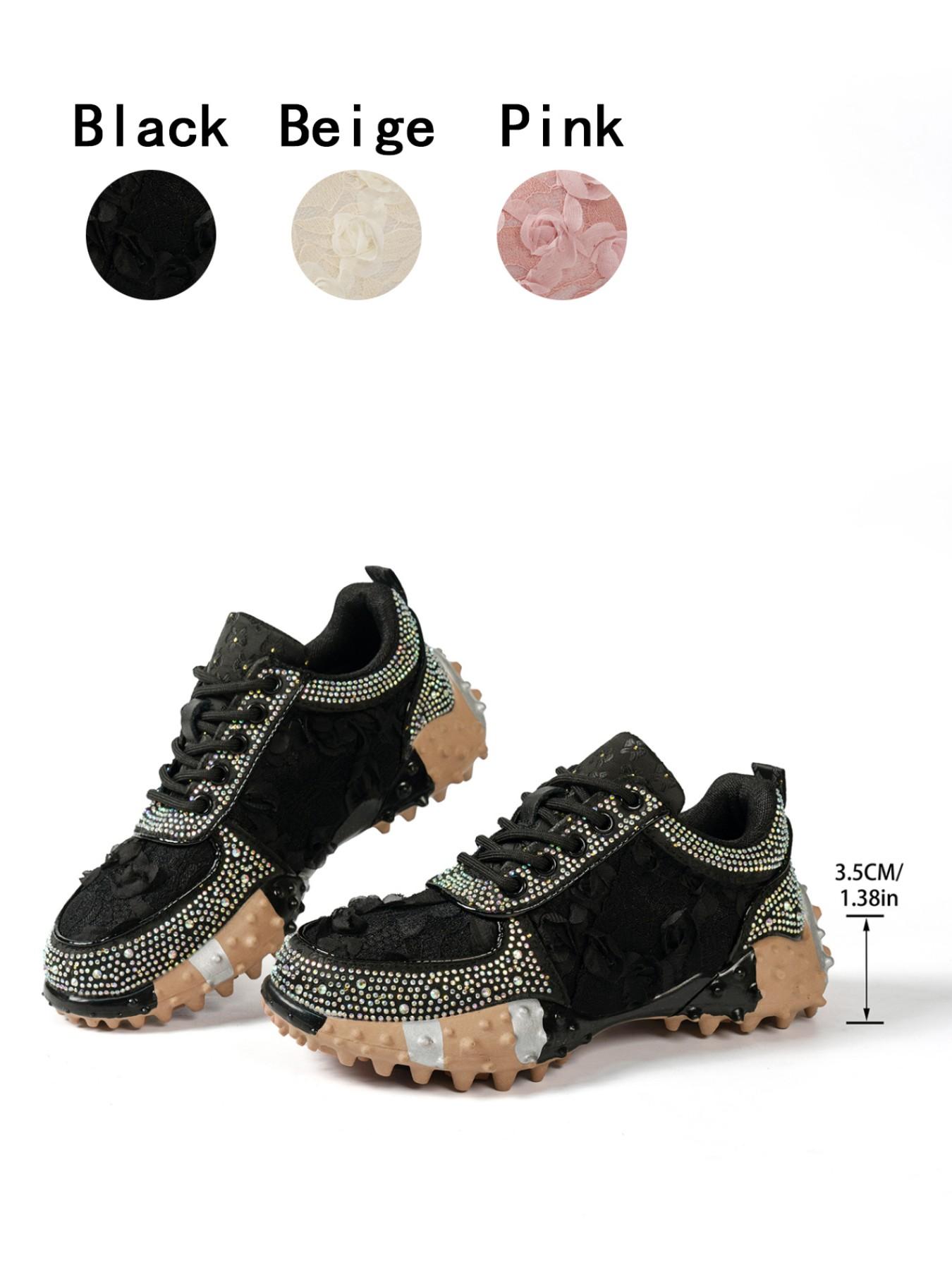 1 Pair, Lace Casual Sneakers with 3D Rose & Rhinestone Trim, Anti-slip Height Increasing Women Shoes in Sweet Fairy Style, Affordable Fashion Item, Versatile Footwear for Daily Outings