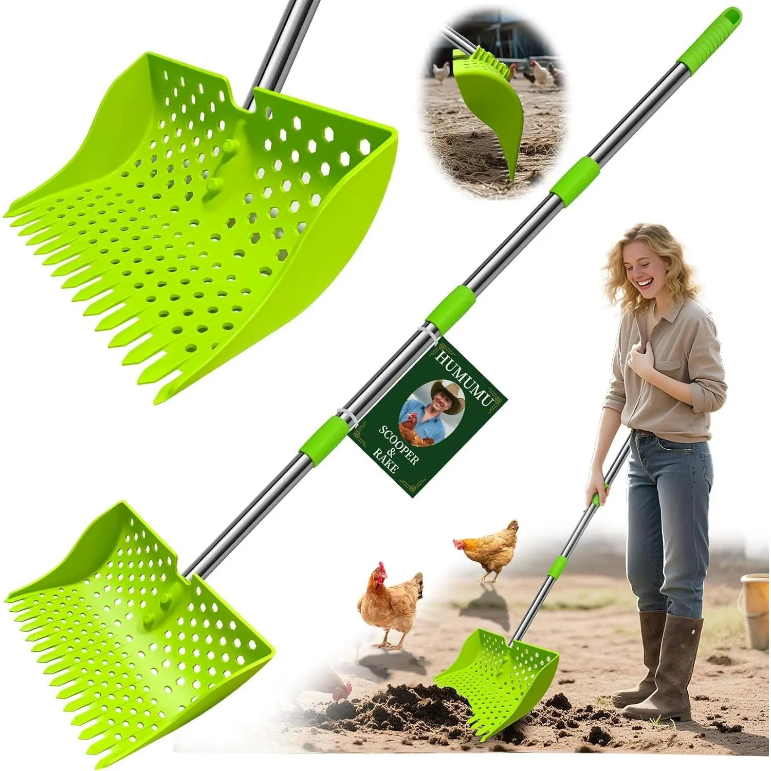 12" 2-in-1 Chicken Poop Scooper & Rake 3-Shape Sifting Holes Chicken Coop Rake Stainless Steel Handle 20-61" Litter Scoop Sand & Sifting Shovel Green