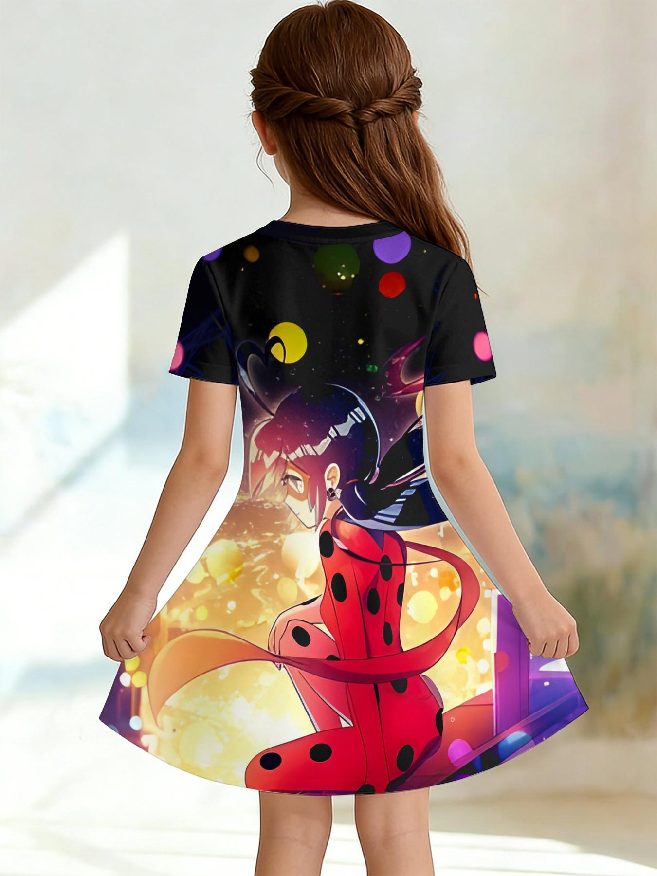 Girls' 3D Short Sleeve Dress, Miraculous Girl Ladybug Full Print, Perfect for Parties, Festive Gifts, Birthday Presents