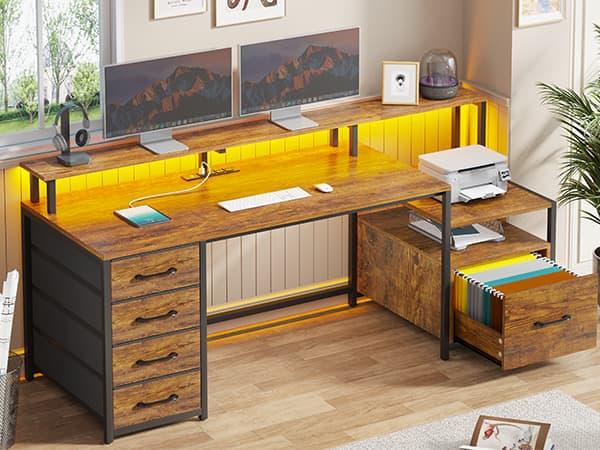 SEDETA 66-inch Home Office Desk with File Drawers and Power Outlets Printer Cabinet with Storage Shelves and Monitor Shelf, Game Table with LED Lights