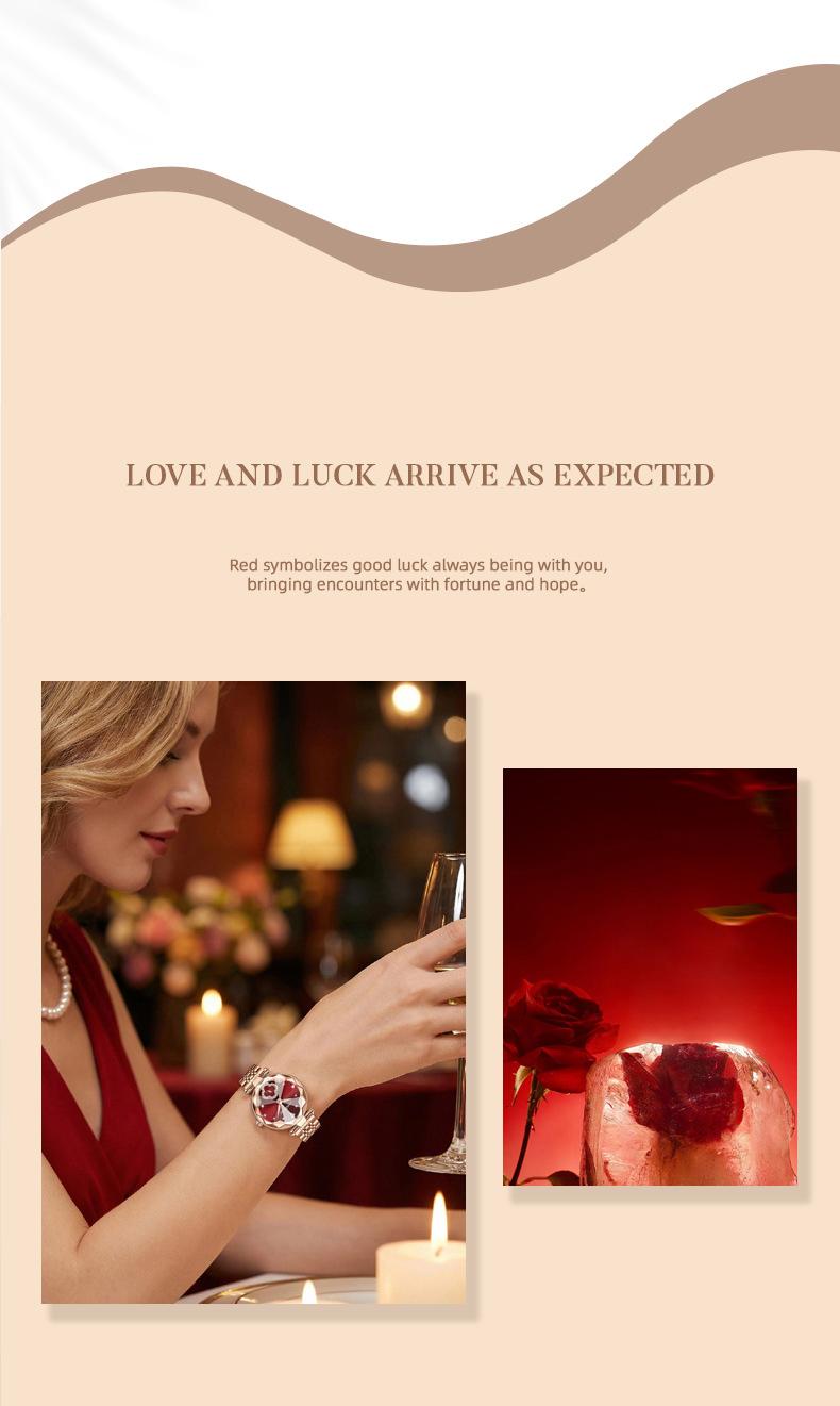 Women's Luxury Rose Gold Quartz Watch - Red Clover Dial with Crystal Accents, Diamond Flower Detail, Stainless Steel Band, Elegant Dress Wristwatch, Perfect Gift for Her